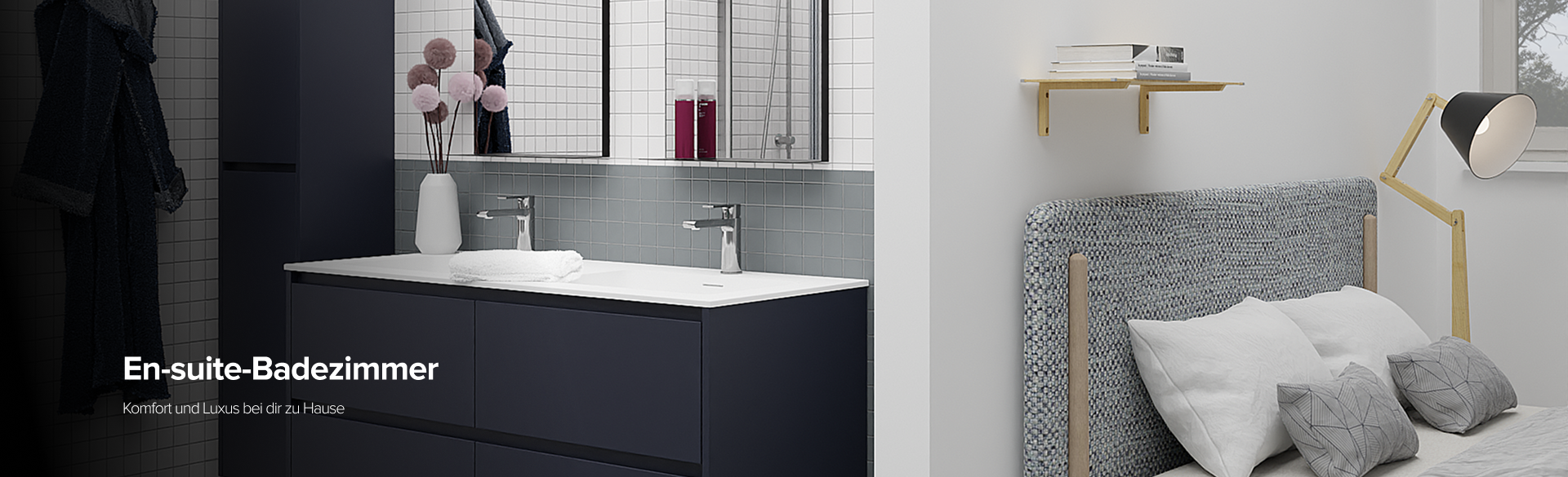 Modernes En-suite-Badezimmer mit Doppelwaschbecken und angrenzendem Schlafzimmer – X²O Badkamers