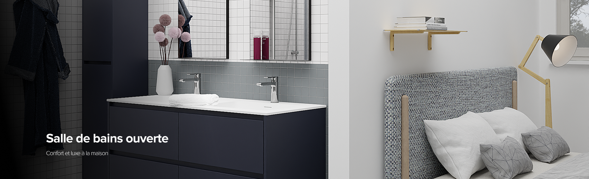 Salle de bains ouverte moderne avec double lavabo et chambre ouverte – X²O Salles de Bains