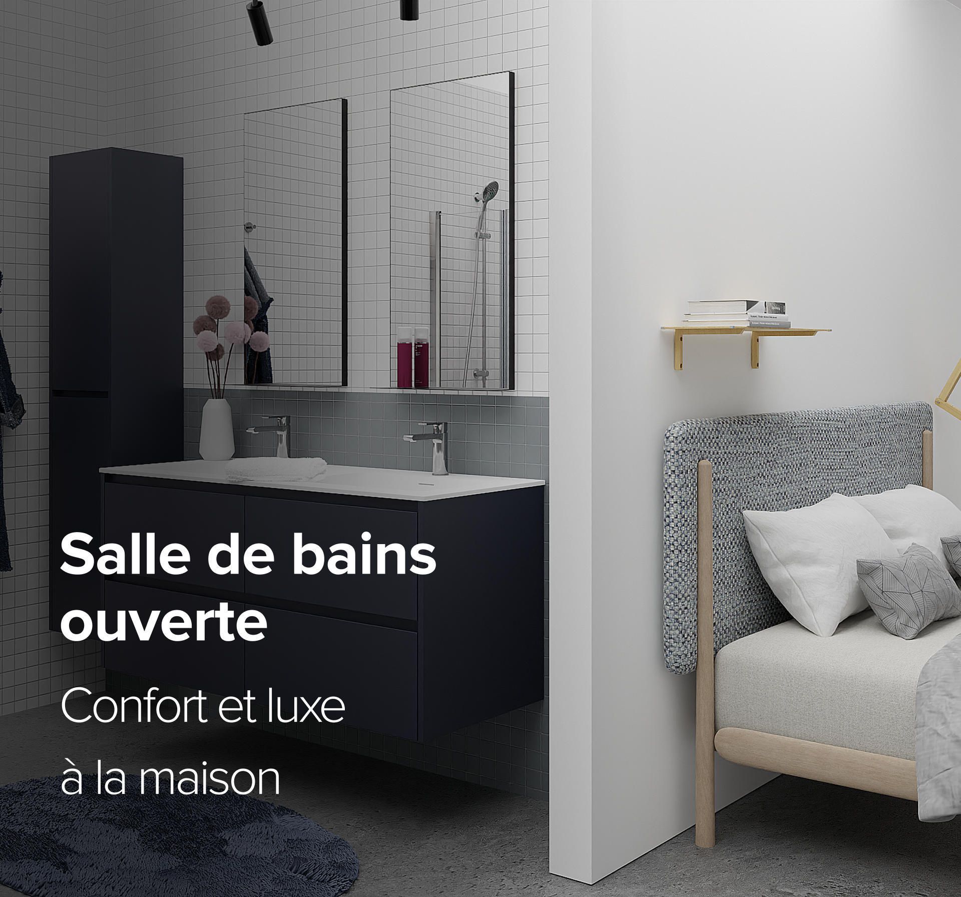 Salle de bains ouverte moderne avec double lavabo et chambre ouverte – X²O Salles de Bains