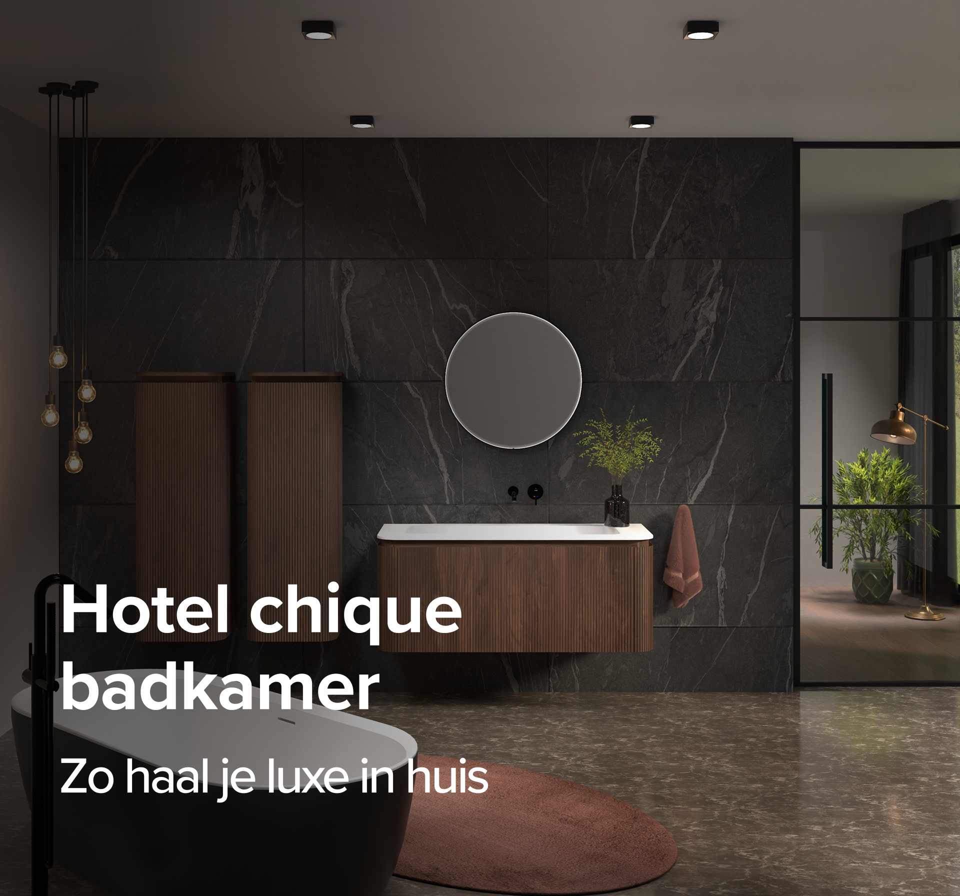 Luxueus x²o badkamers ontwerp in hotel chique stijl. Donkere natuursteen muur, verlichte ronde spiegel en houten badkamermeubels met verticale groeven. Sfeerverlichting met hanglampen en een zwarte kraan geven een warme, exclusieve uitstraling.