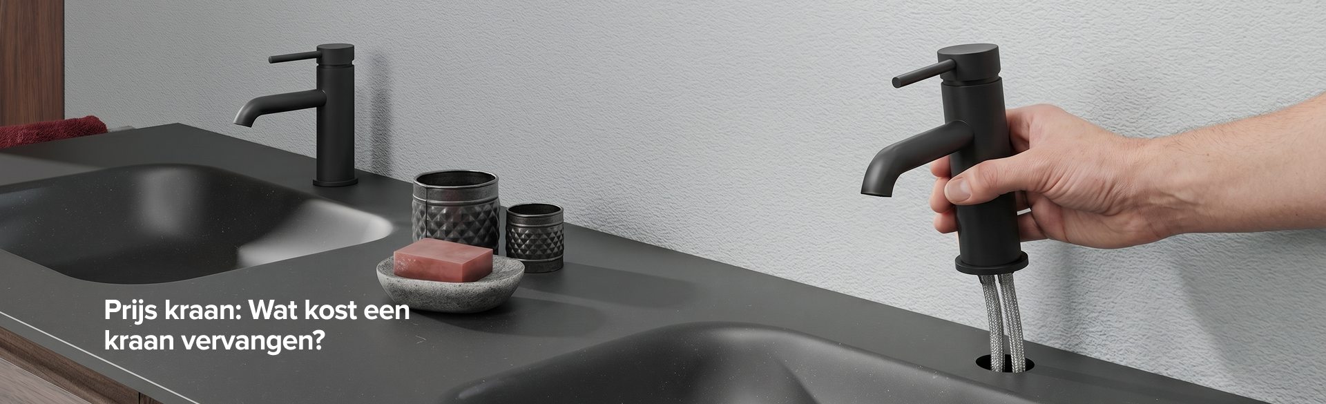 Afbeelding van x²o badkamers met een hand die een zwarte kraan vervangt boven een spoelbak, gebruikt als headerbeeld voor een blog over kraan vervangen.