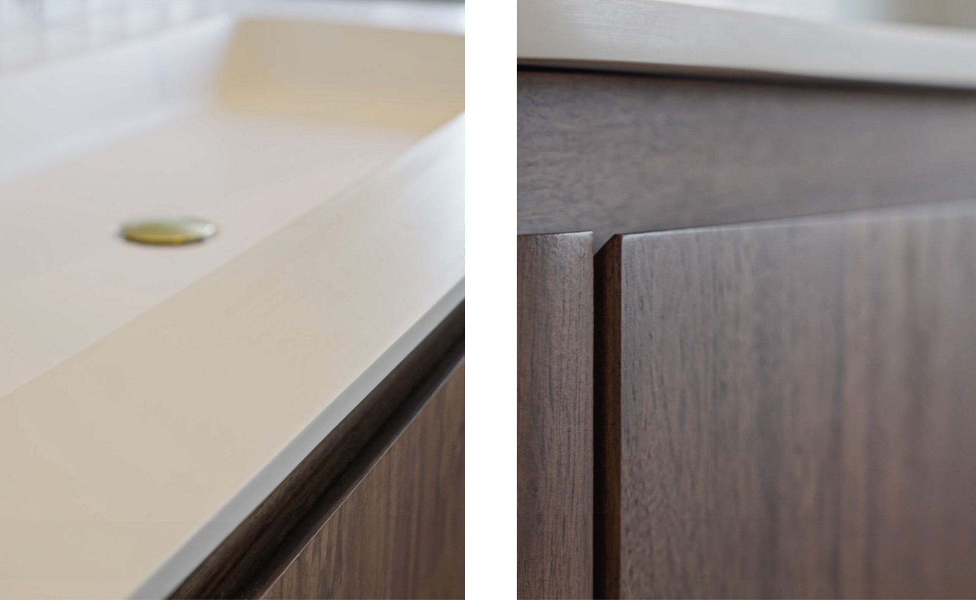 Nahaufnahme eines hängenden Holz-Badmöbels mit abgerundeten Ecken, darunter ein weißes Waschbecken. Im Hintergrund: geflieste Wand und Fenster. x²o Bad.