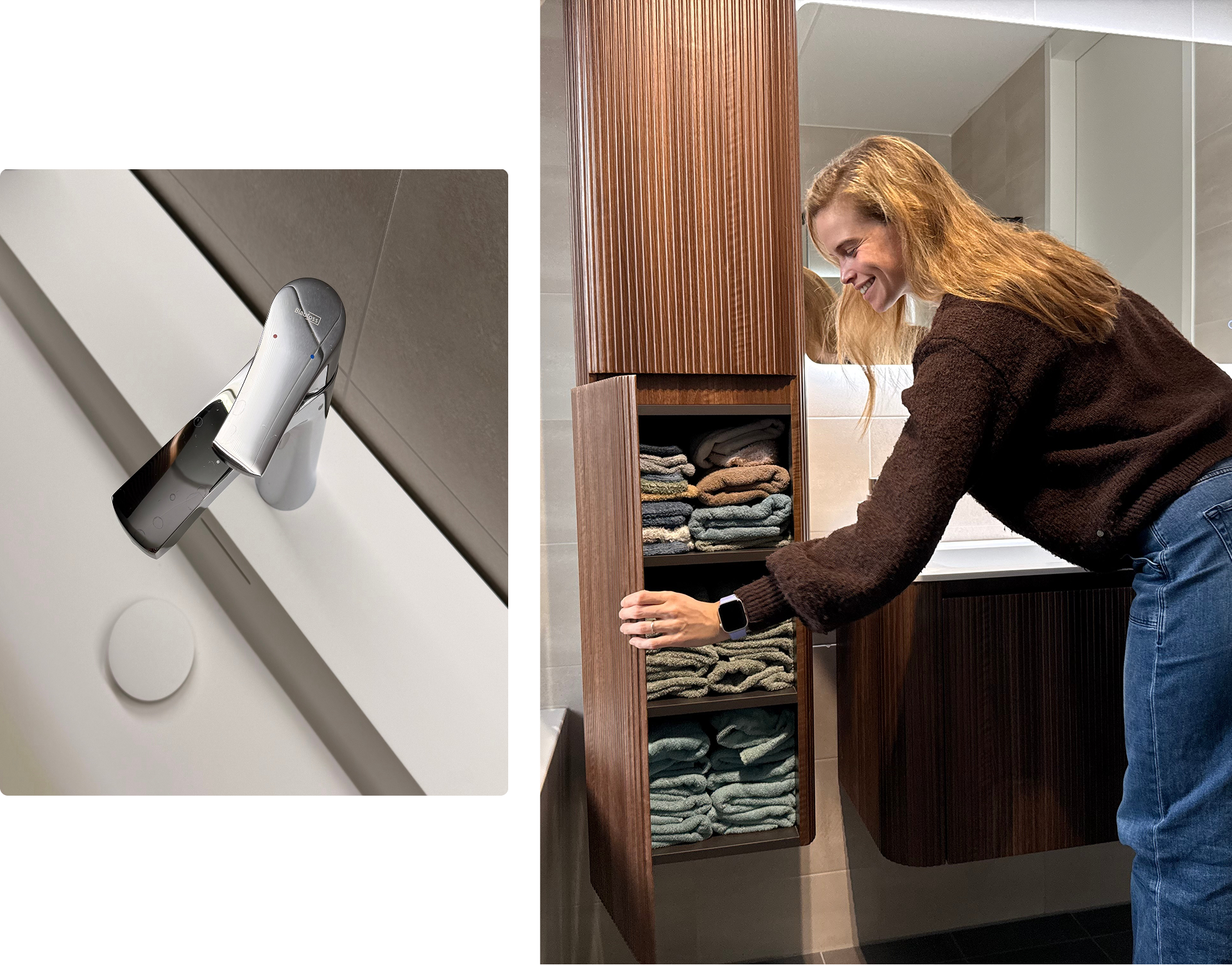 In deze gedetailleerde compositie van x²o badkamers zie je rechts een vrouw die een hoge houten kolomkast opent waarin netjes opgevouwen handdoeken liggen. Links staat een close-up van een moderne chromen kraan op een witte wastafel. De badkamer heeft een warme, strakke uitstraling met beige tegels en houten accenten.