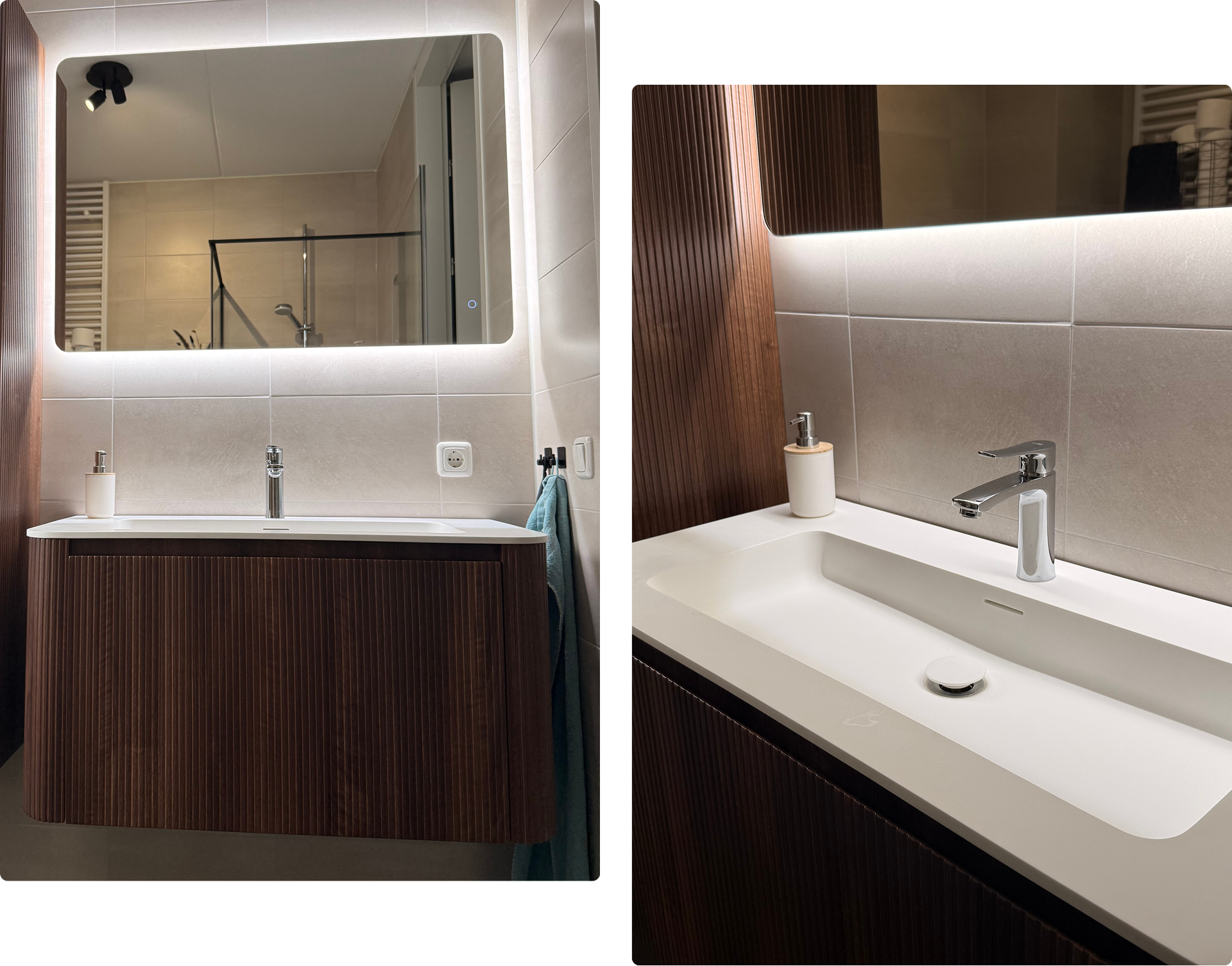 In deze heldere productweergave van x²o badkamers zie je een modern houten wastafelmeubel met een witte geïntegreerde wastafel en een chromen kraan. Boven het meubel hangt een grote spiegel met verlichting. Rechts zie je een detail van de wastafel en kraan. De badkamer heeft een minimalistische uitstraling met lichte tegels.