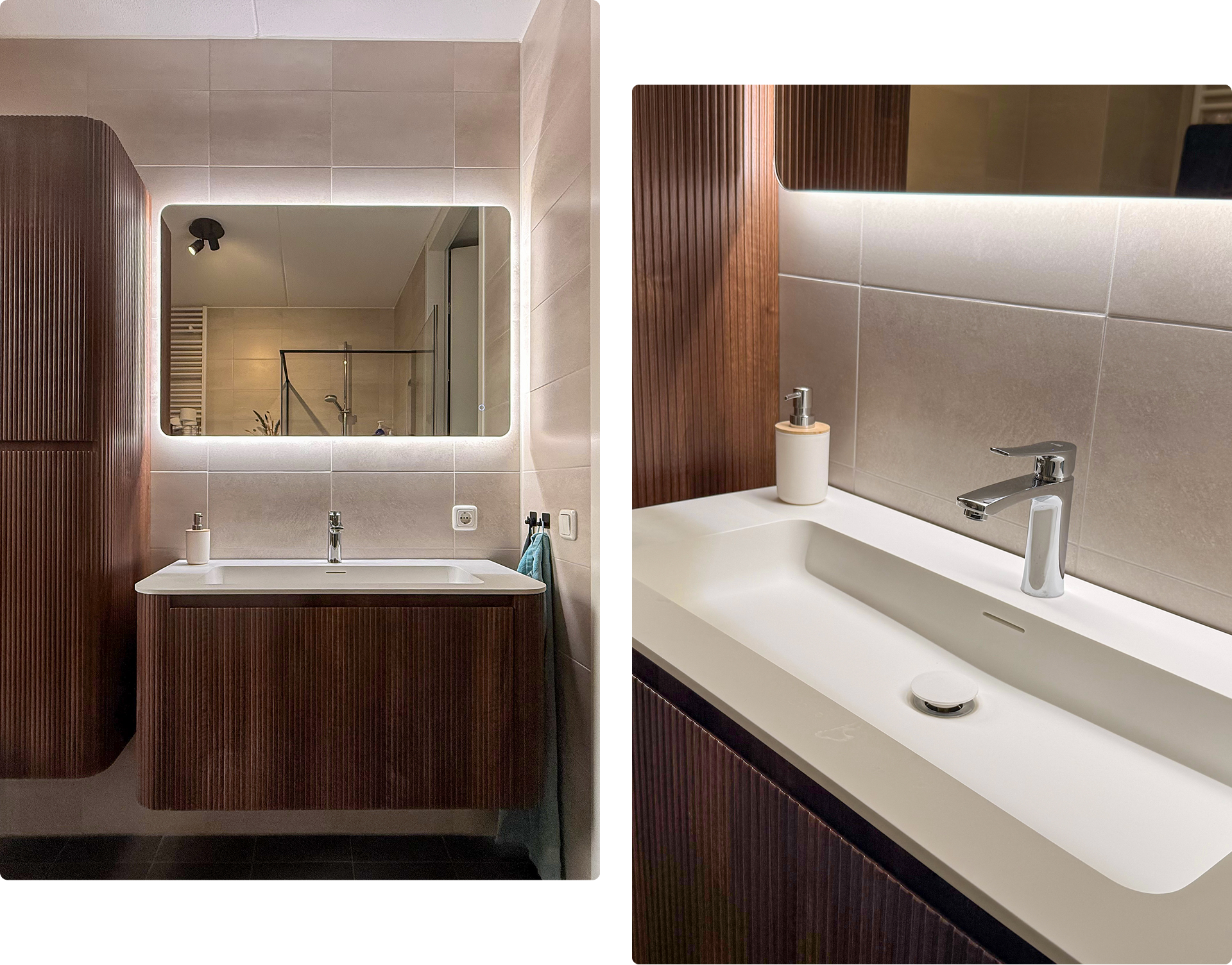 In deze heldere productweergave van x²o badkamers zie je een modern houten wastafelmeubel met een witte geïntegreerde wastafel en een chromen kraan. Boven het meubel hangt een grote spiegel met verlichting. Rechts zie je een detail van de wastafel en kraan. De badkamer heeft een minimalistische uitstraling met lichte tegels.