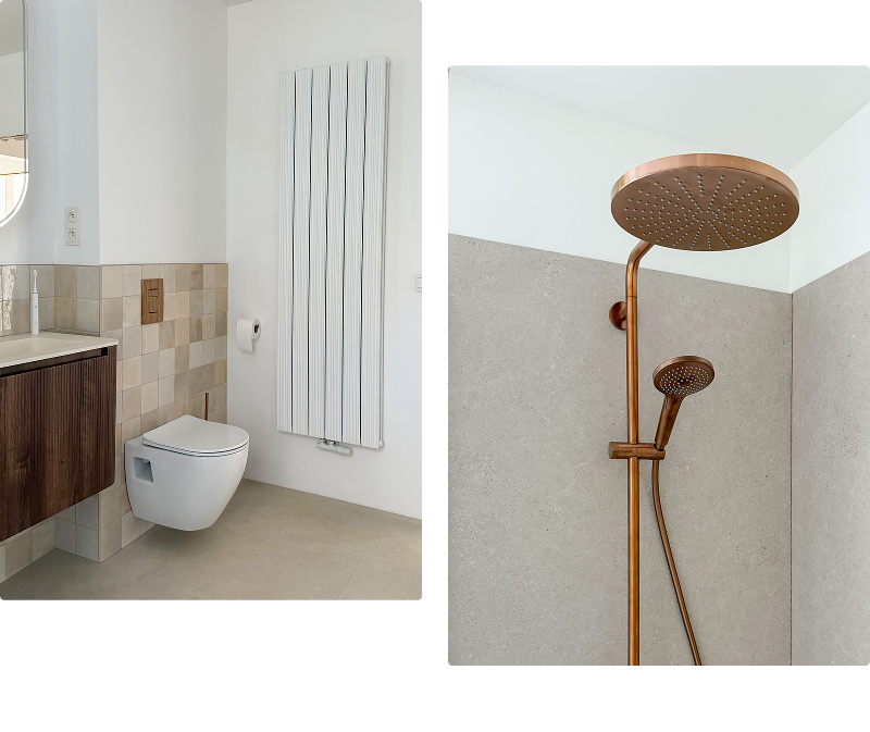 Wandtoilet van x²o badkamers met bijpassende designradiator en douche in een moderne badkamer met lichte tegels.