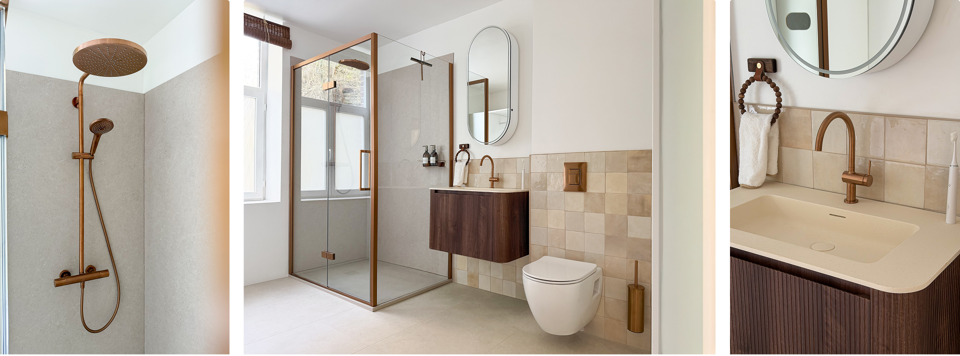 Badkamer van x²o badkamers met donker walnoot houten wastafelmeubel, douchecabine en lichte tegelwand.