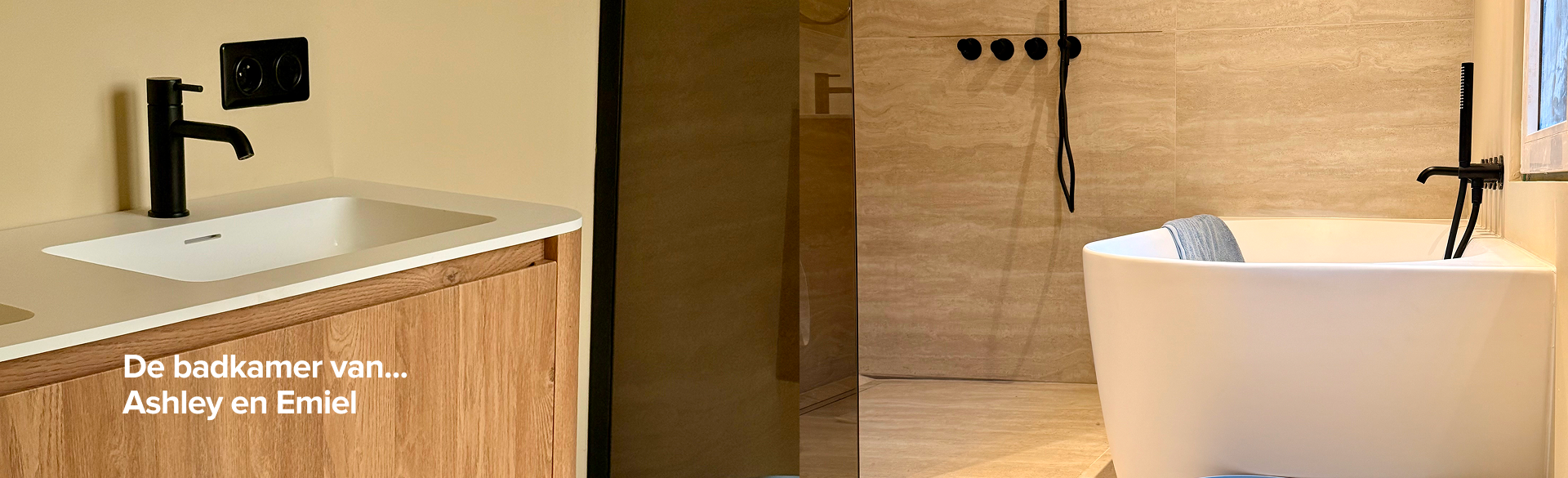 In deze inspirerende badkamer van x²o badkamers zie je het interieur van Ashley en Emiel met een houten wastafelmeubel, een inloopdouche met glazen wand en zwarte douchebediening, en een wit vrijstaand bad met handdoek, terwijl de tekst “De badkamer van Ashley en Emiel” in beeld staat.