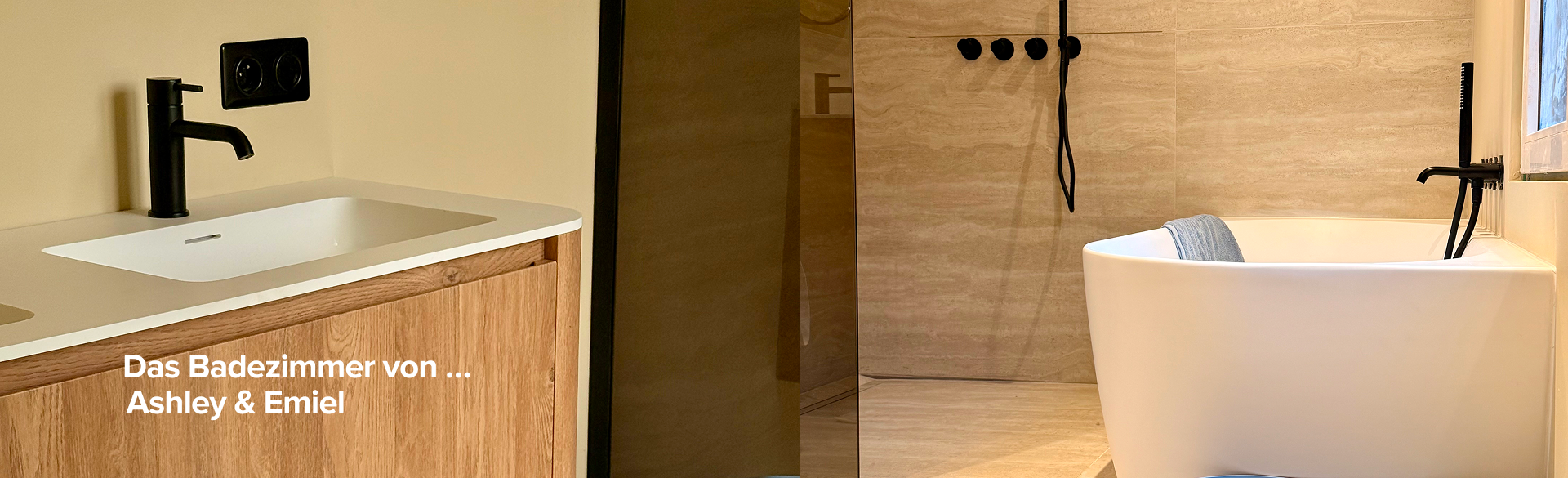 In diesem inspirierenden Badezimmer von x²o Badezimmer siehst du das Interieur von Ashley und Emiel mit einem Holzwaschtisch, einer begehbaren Dusche mit Glaswand und schwarzen Bedienelementen sowie einer weißen freistehenden Badewanne mit Handtuch, während der Text „Das Badezimmer von Ashley und Emiel“ im Bild zu sehen ist.