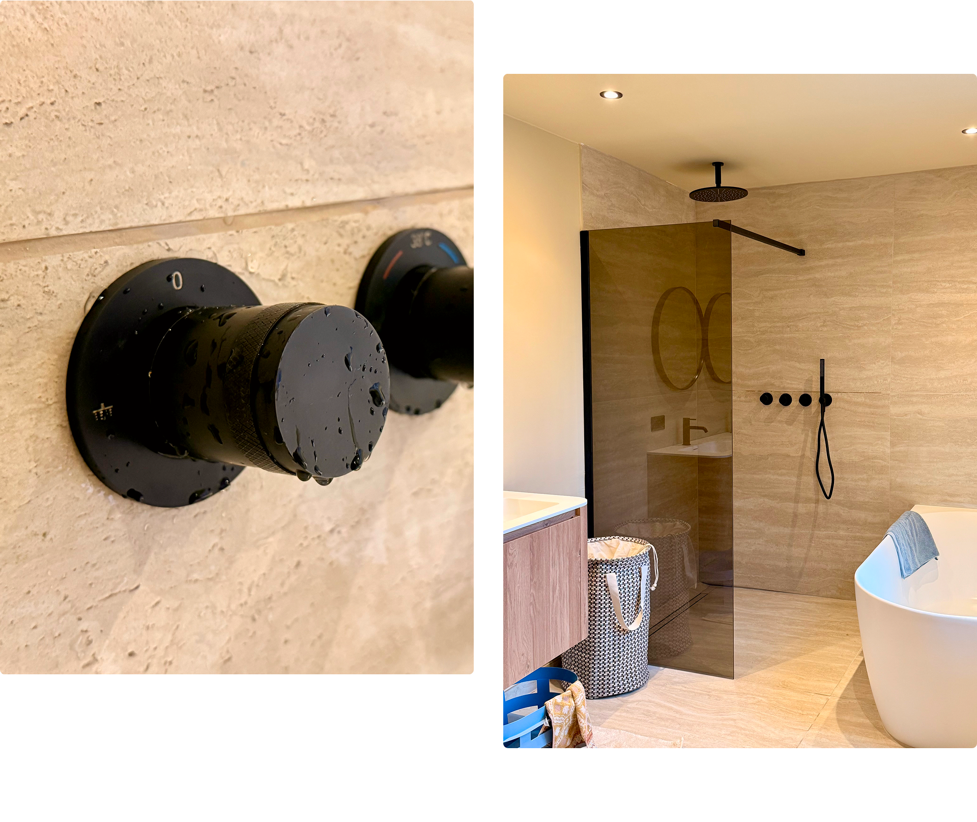 Dans cette mise en scène de salle de bains de x²o salles de bains, on voit à gauche un gros plan d’un bouton thermostatique noir mouillé et à droite une douche à l’italienne moderne avec paroi en verre teinté, pomme de douche noire et commandes, à côté d’un meuble en bois et d’une baignoire autoportante sur un sol en carrelage beige.