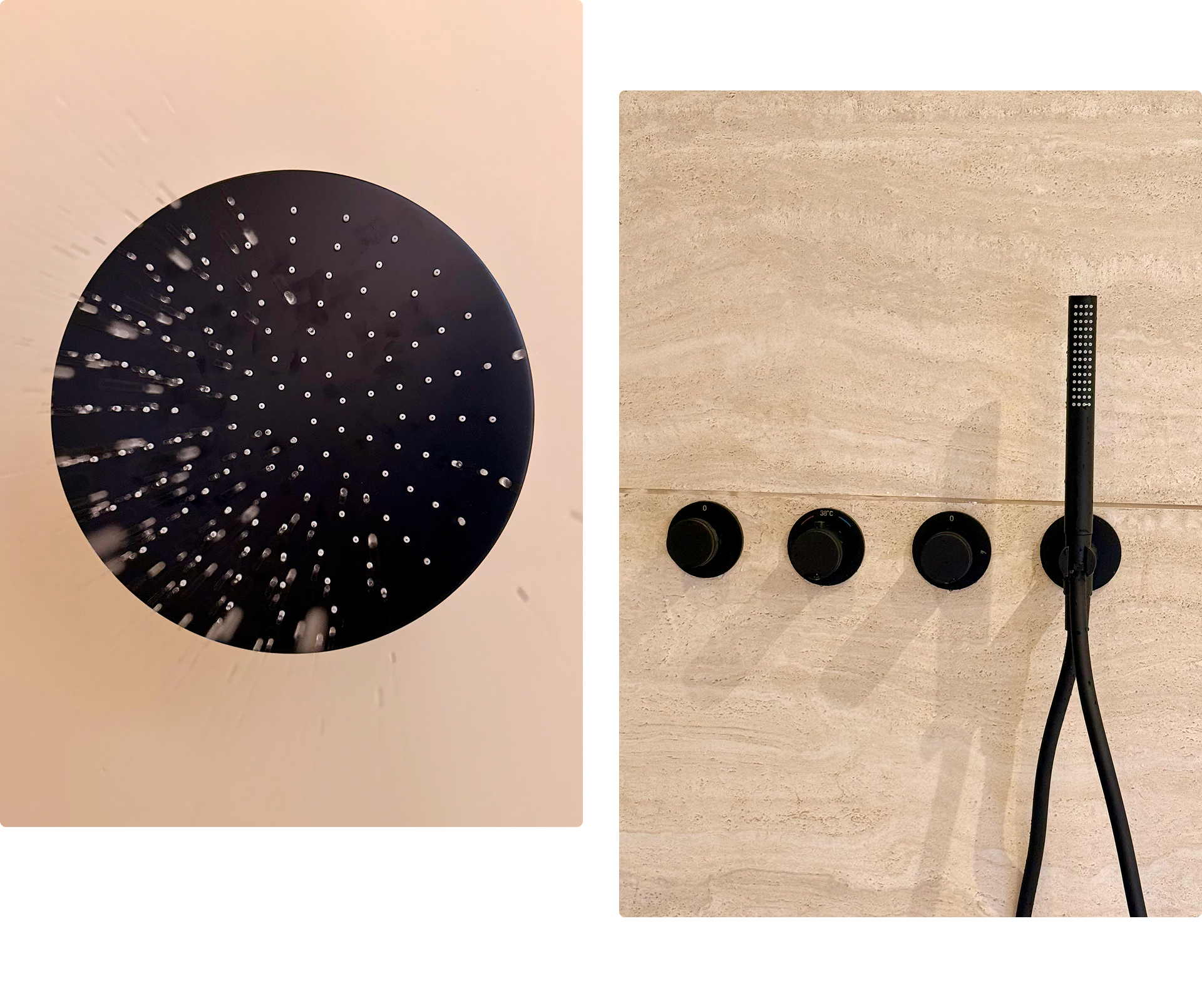 Dans cette image de détail de x²o salles de bains, on voit à gauche une pomme de douche ronde noire avec de l’eau qui s’écoule et à droite un système de commande thermostatique encastré noir avec plusieurs boutons rotatifs et une douchette sur un mur en carrelage beige.