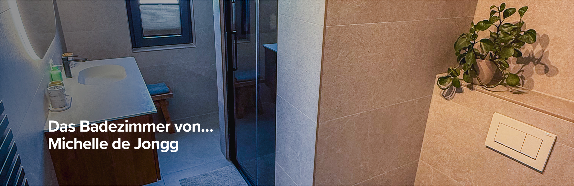 Überblick über das Badezimmer von Michelle de Jongg mit modernem Waschtisch, beleuchtetem Spiegel und Glasduschwand.