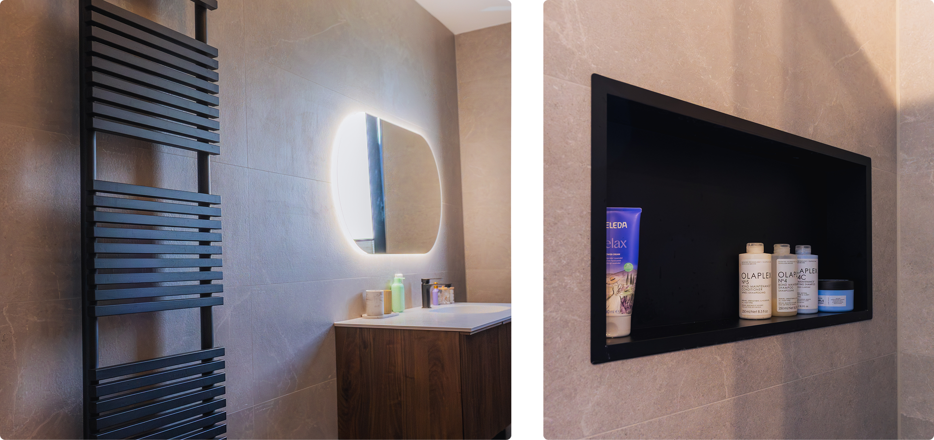 Gauche : Radiateur design noir à côté d’un meuble vasque en bois et miroir ovale éclairé. Droite : Niche intégrée avec produits de soins encadrée en noir.
