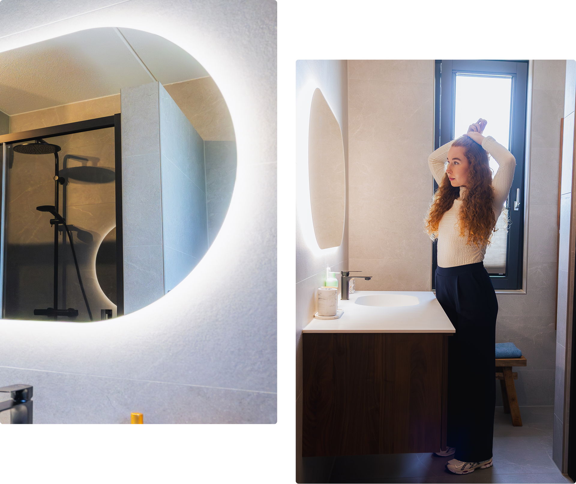 Gauche : Douche reflétée dans un miroir rond éclairé. Droite : Michelle de Jongg attache ses cheveux devant le miroir de la salle de bain.