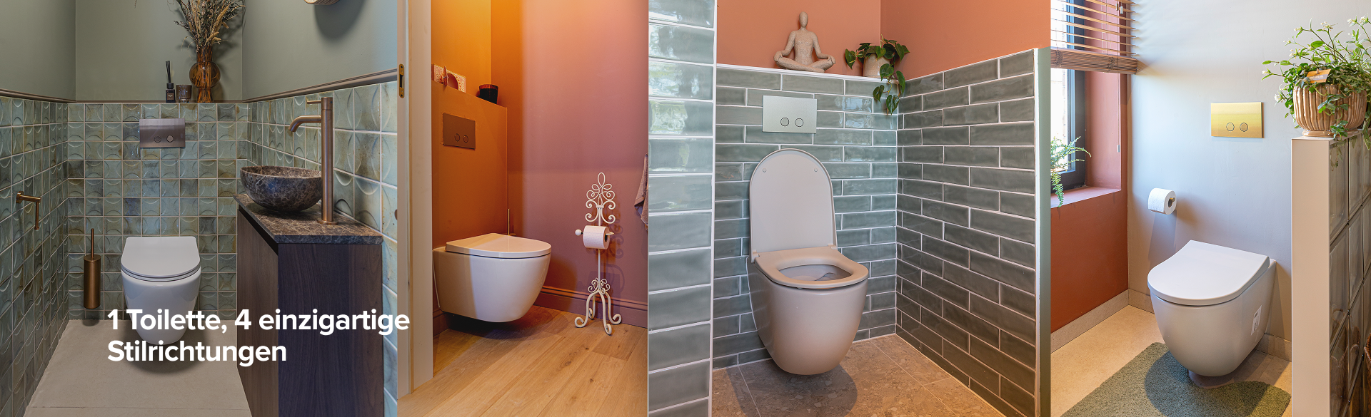 Moderne Toiletteninspiration von x²o Badezimmer mit vier unterschiedlichen Einrichtungsstilen und deutschem Titeltext.