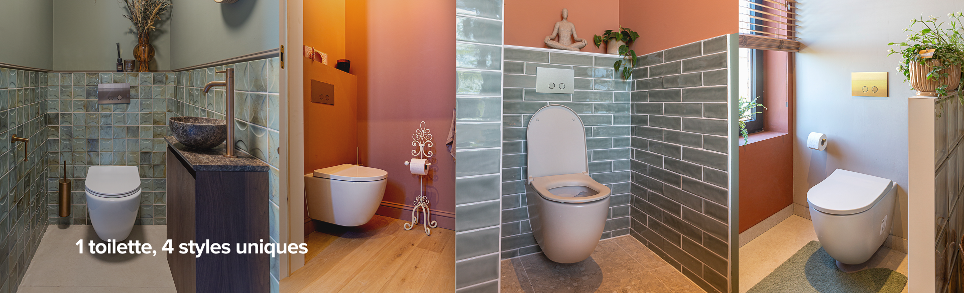 Aperçu de quatre espaces toilettes élégants x²o salles de bains avec WC suspendus, carrelages verts et accents chaleureux, avec texte français.