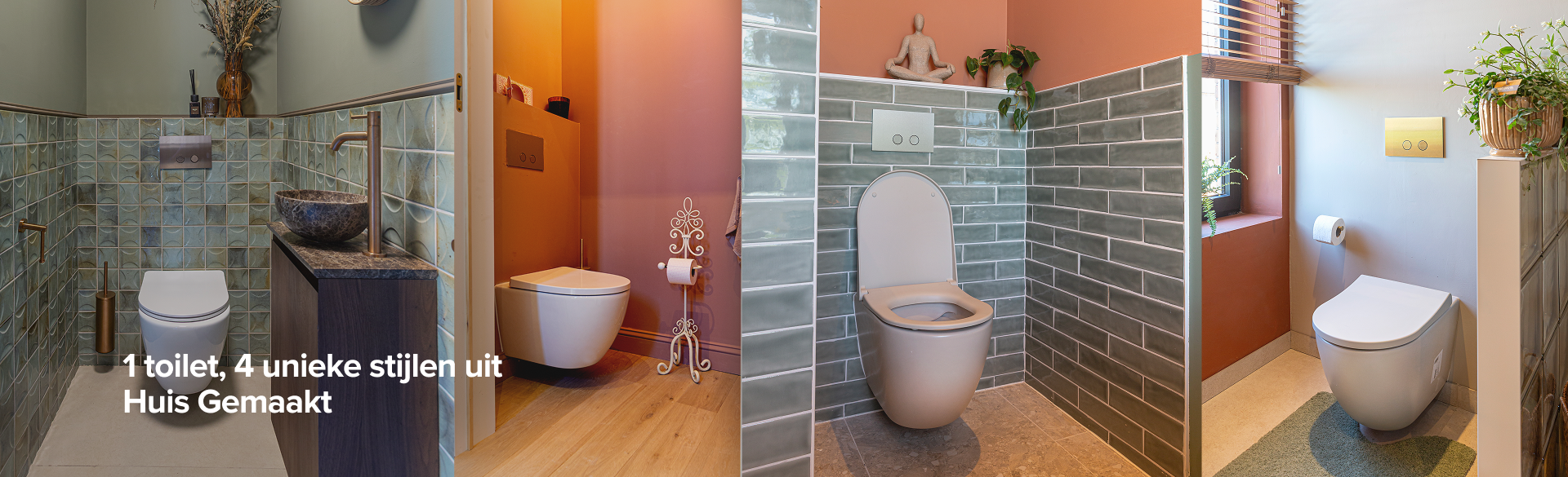 Collage van vier moderne toiletruimtes van x²o badkamers met verschillende stijlen, waaronder groene wandtegels, warme terracottakleuren, hangtoiletten en design lavabo’s, met Nederlandse titeltekst over vier unieke toiletstijlen.