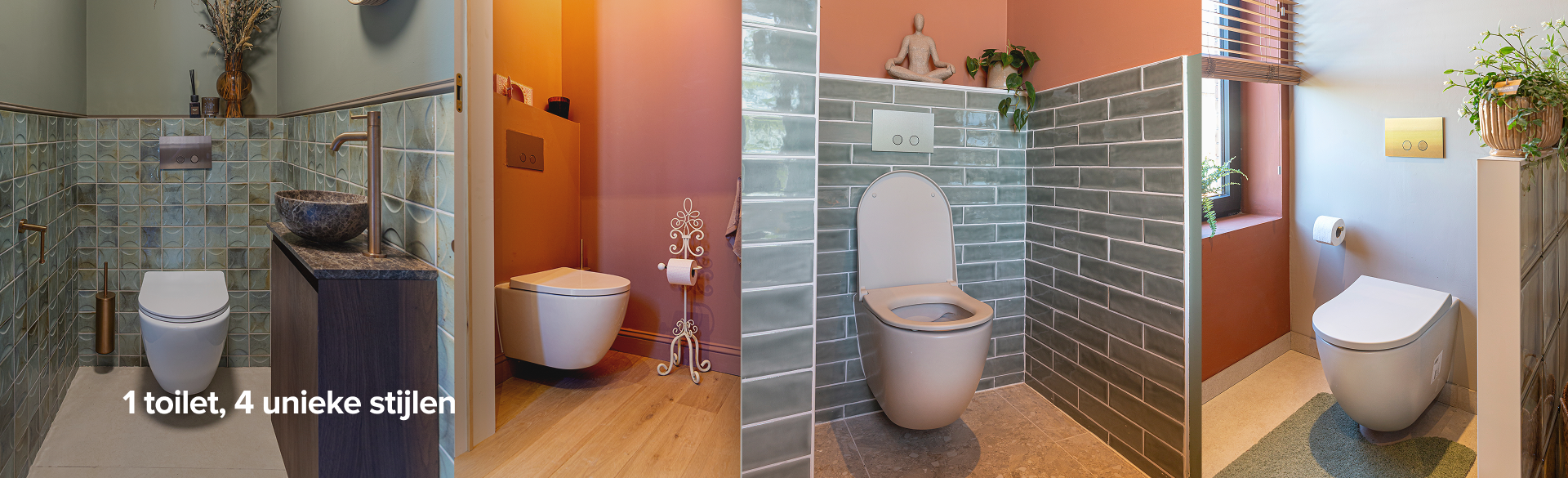 Collage van vier moderne toiletruimtes van x²o badkamers met verschillende stijlen, waaronder groene wandtegels, warme terracottakleuren, hangtoiletten en design lavabo’s, met Nederlandse titeltekst over vier unieke toiletstijlen.