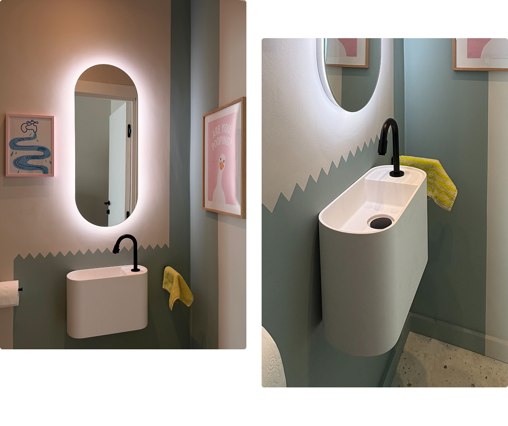 Kompakter Toilettenraum von x²o Badezimmer mit Balmani Livo Handwaschbecken, schwarzer Armatur, ovalem LED-Spiegel und pastellfarbenen Wänden.