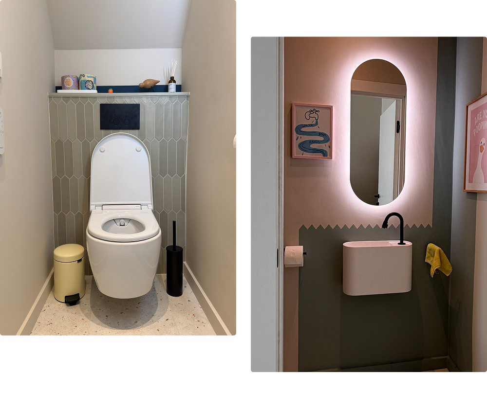 Moderner Toilettenraum von x²o Badezimmer mit Geberit AquaClean Alba Dusch-WC, Balmani Livo Waschbecken und stimmungsvoller Spiegelbeleuchtung.