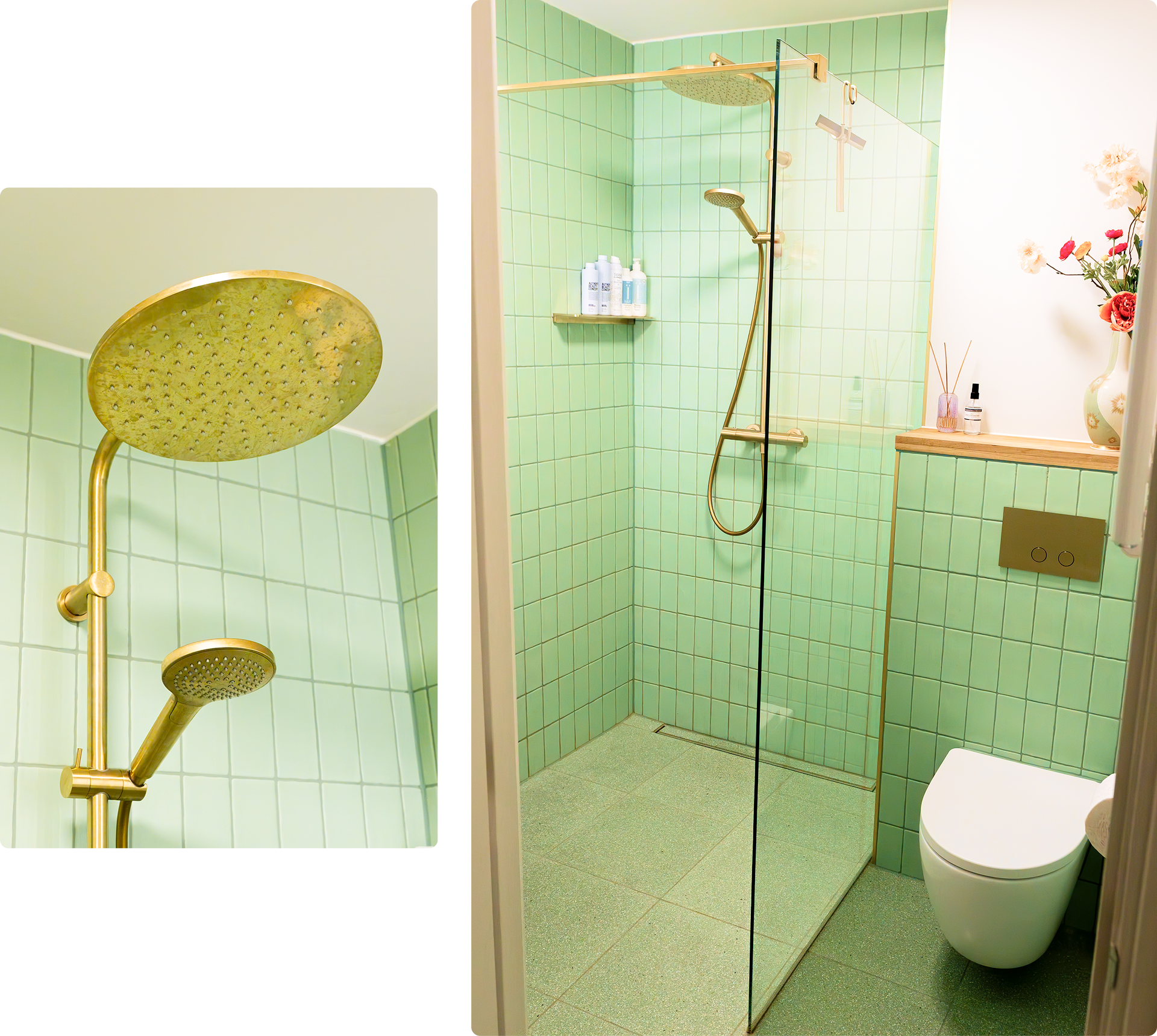 In diesem x²o Badezimmer siehst du eine begehbare Dusche mit goldener Regendusche und Handbrause, grüne Wandfliesen, eine Glasabtrennung, ein wandhängendes WC mit goldener Drückerplatte und ein Holzbrett mit Deko.