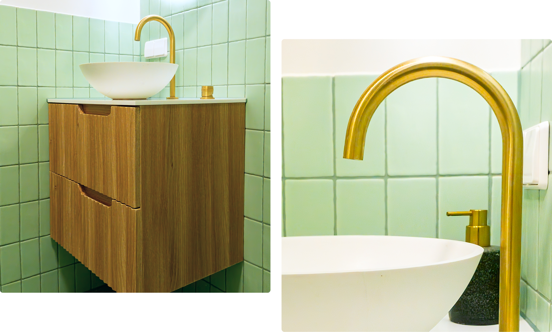 In diesem x²o Badezimmer siehst du ein Holz-Waschbeckenmöbel mit weißer Aufsatzschale und hoher goldener Armatur, vor einer Wand mit mintgrünen Fliesen.