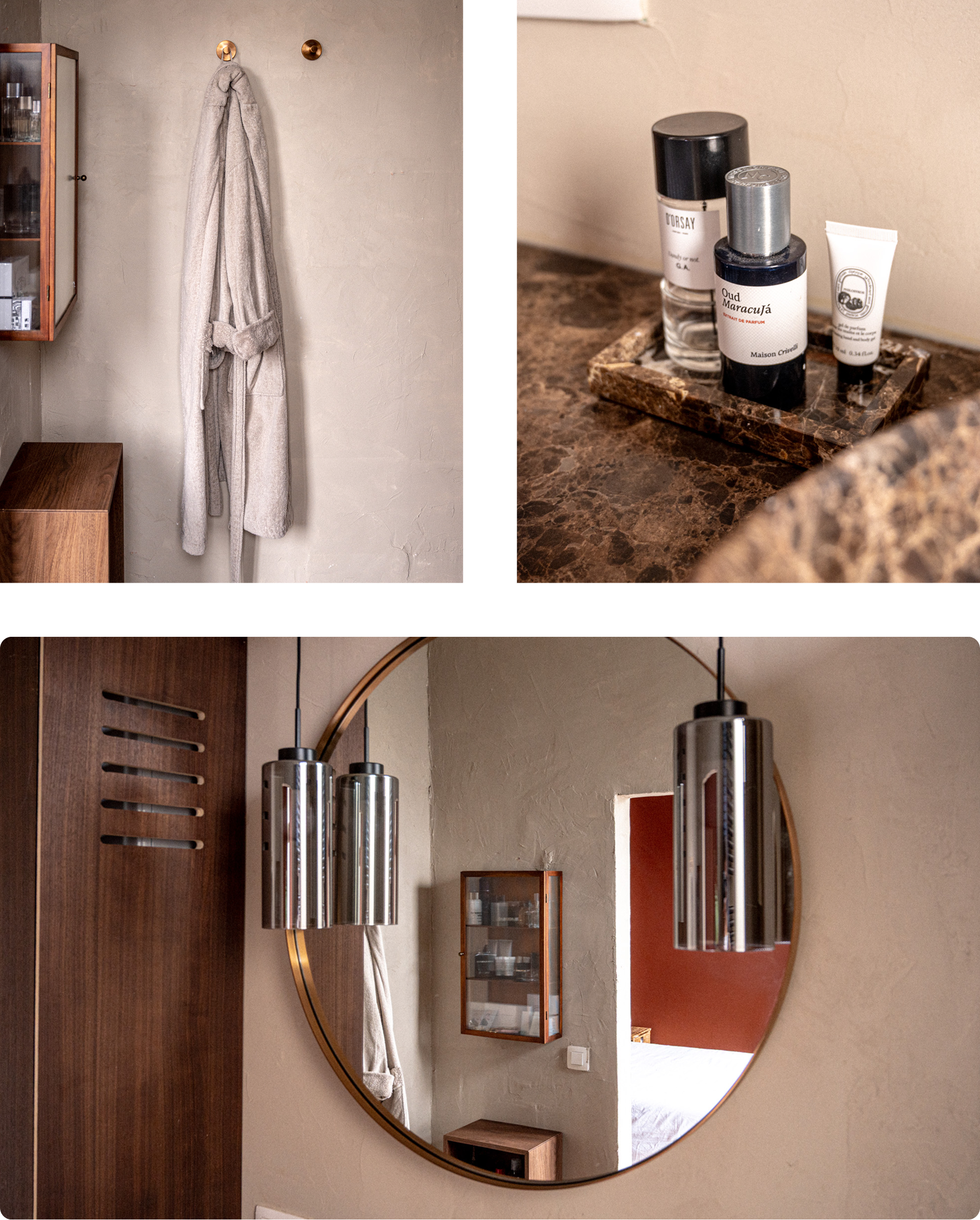 Moderne badkamer met ronde spiegel, stijlvolle hanglampen, opgehangen badjas en marmeren wastafelblad met verzorgingsproducten – X2O badkamers