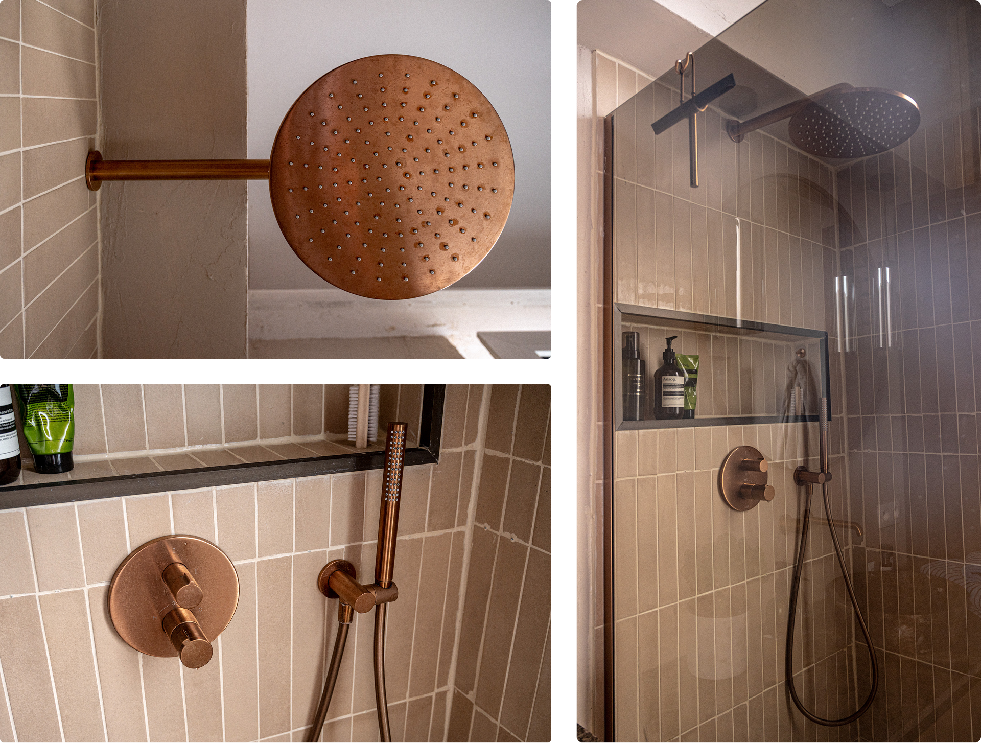 Inloopdouche met beige tegels, regendouche en kranen in koperkleur en ingebouwde nis met verzorgingsproducten – X2O badkamers