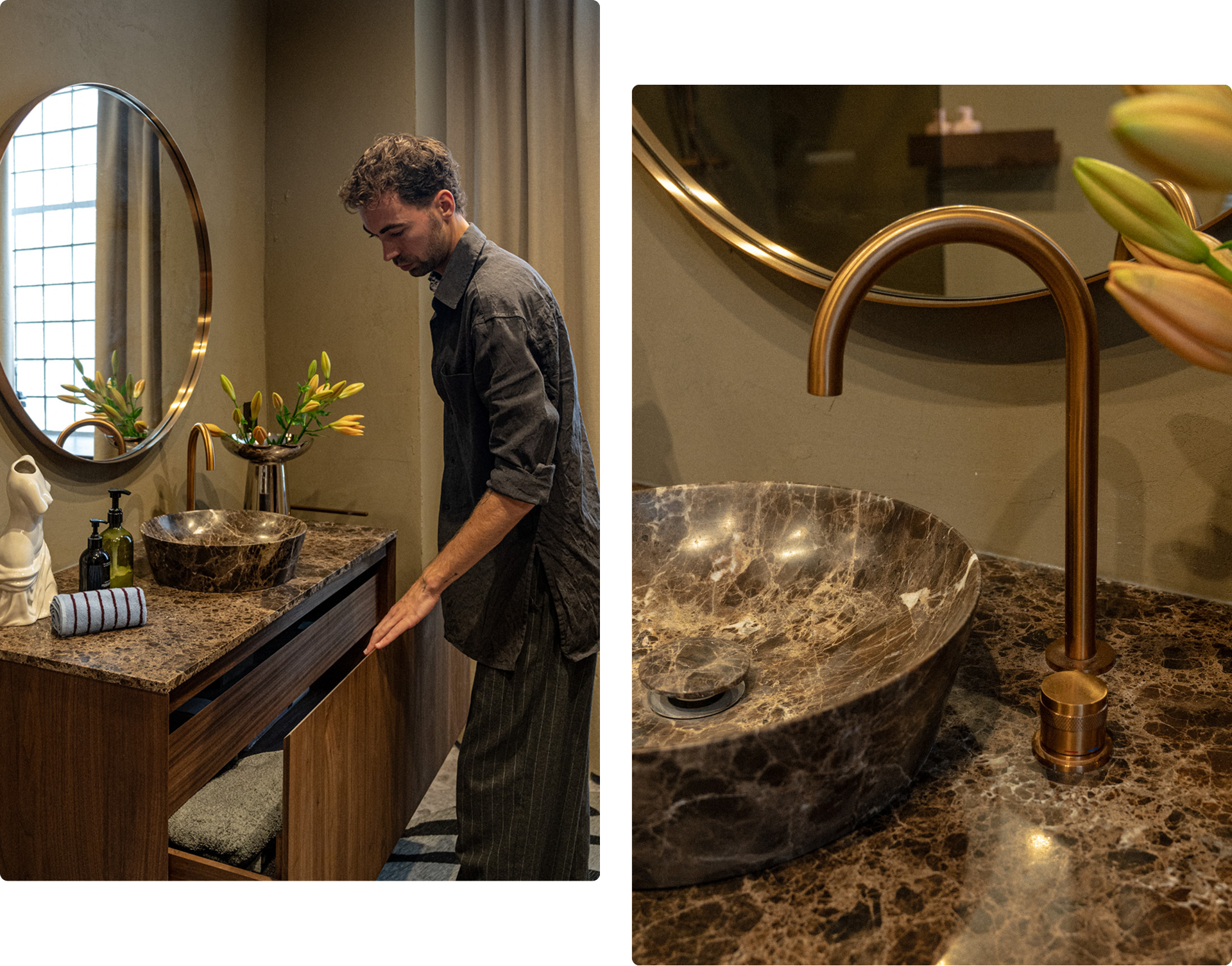 Daan Alferink opent een houten lade van het X²O Badkamers meubel met marmeren blad. Detail van een X²O kraan in geborsteld goud boven een marmeren kom.