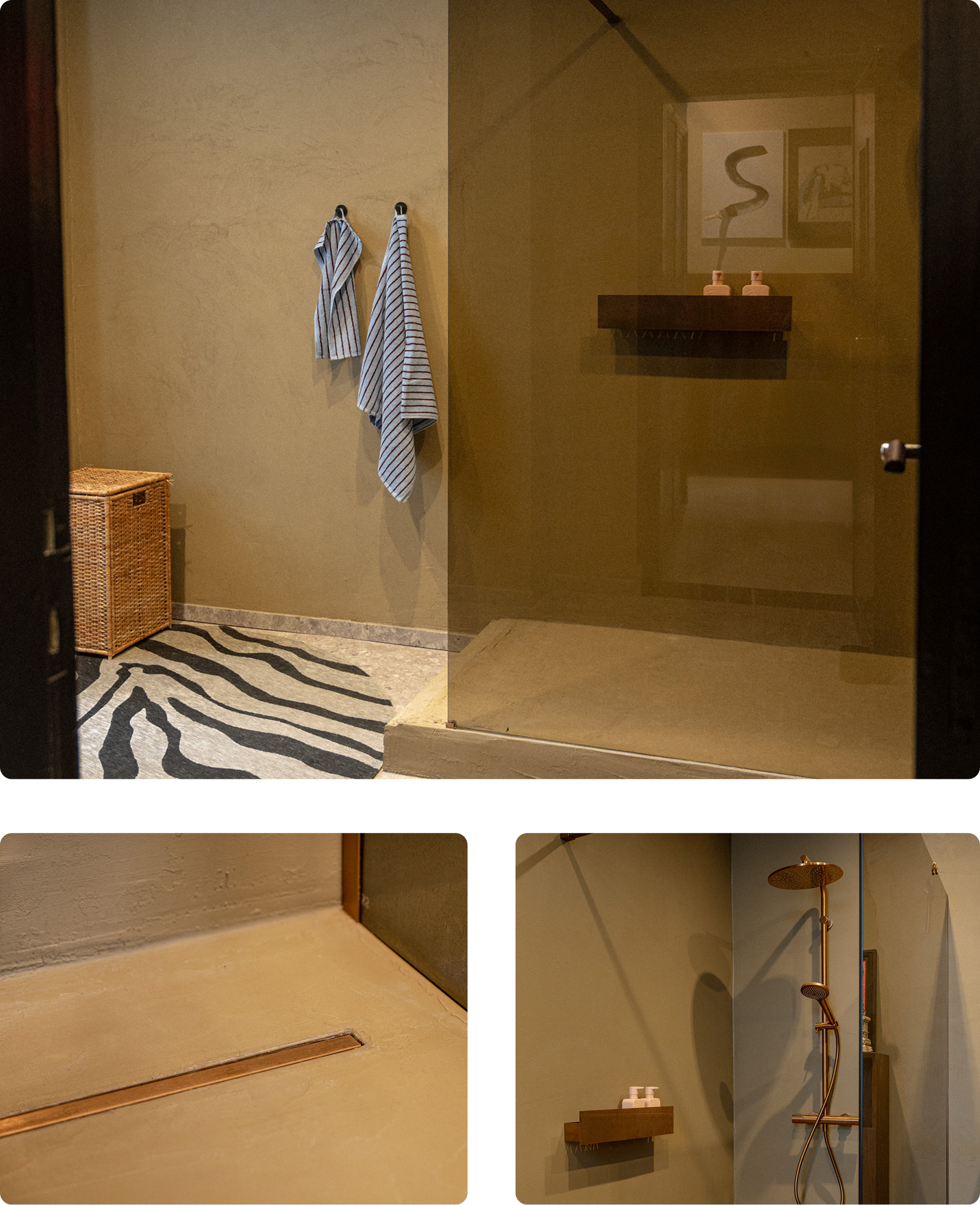 Inloopdouche met X²O douchewand en vloer, gecombineerd met zebra-accenten. Regendouche in kopertint uit de X²O Badkamers douchecollectie.