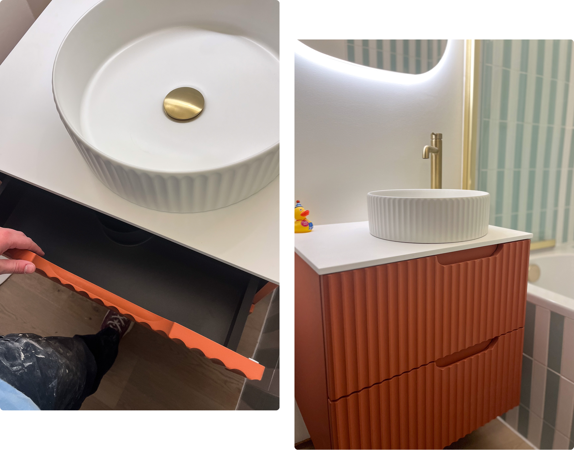 Detail van het X2O badkamermeubel in oranje ribbelstructuur met witte waskom, lade in geopende stand.