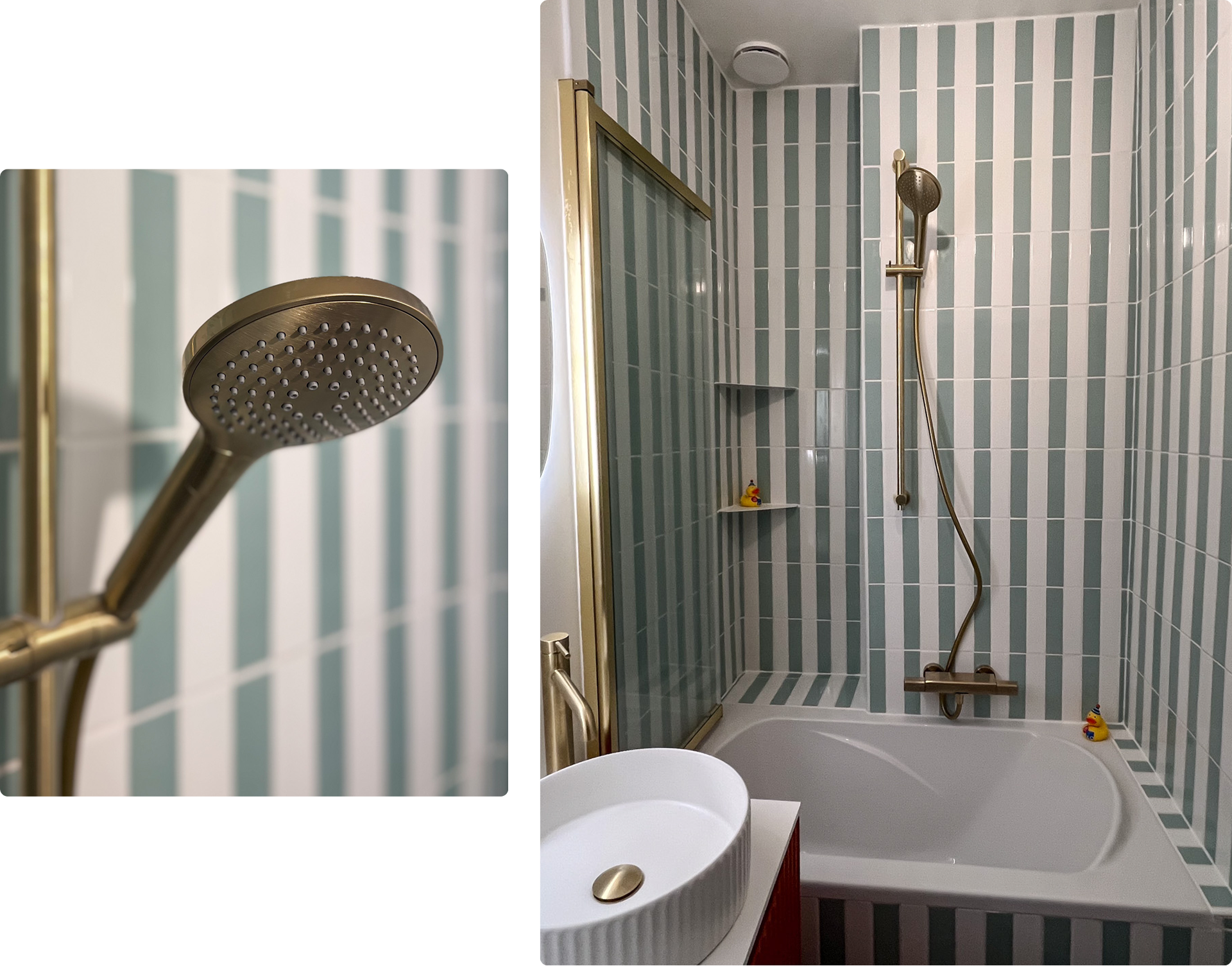 Bad-douche met gouden kraanwerk en verticale pastelgroene tegels, inclusief het vertrouwde badeendje – een creatie van x2o badkamers.