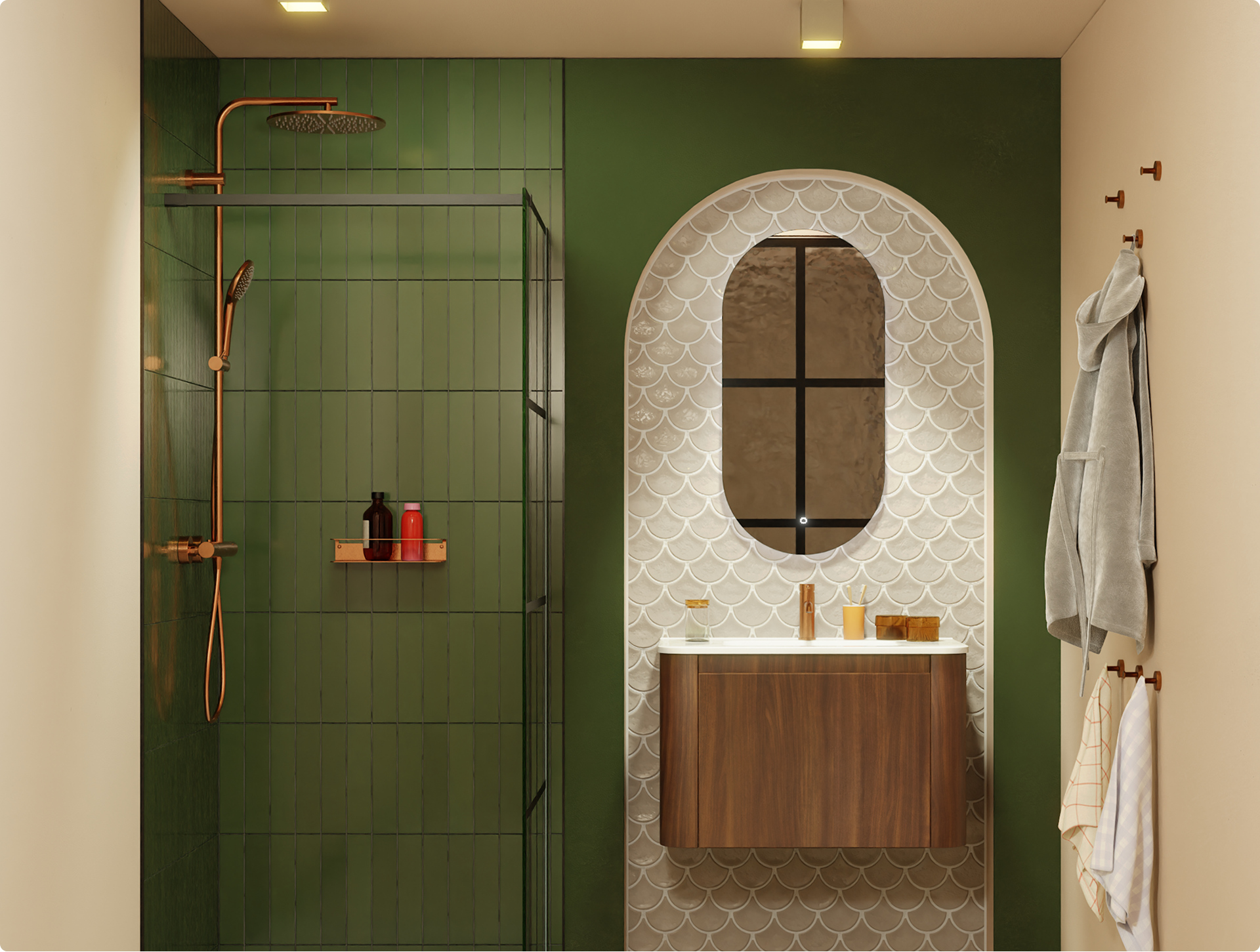 Trendy badkamer met groene wandtegels, houten meubel en ovale spiegel – kleur in je badkamer. Badkamertrends 2026.