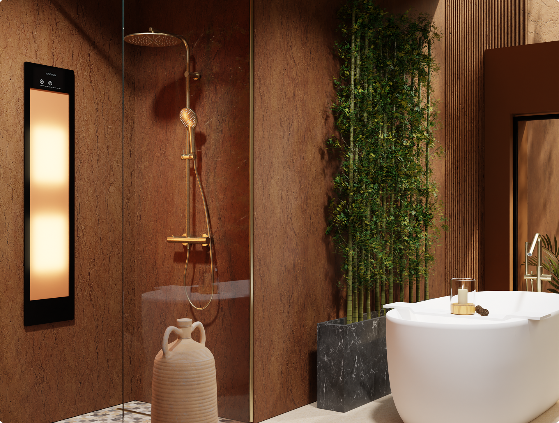 Vrijstaand wit bad in een warme Japandi badkamer met houten accenten, groene plantenwand en gouden kraan. Badkamertrends 2026.