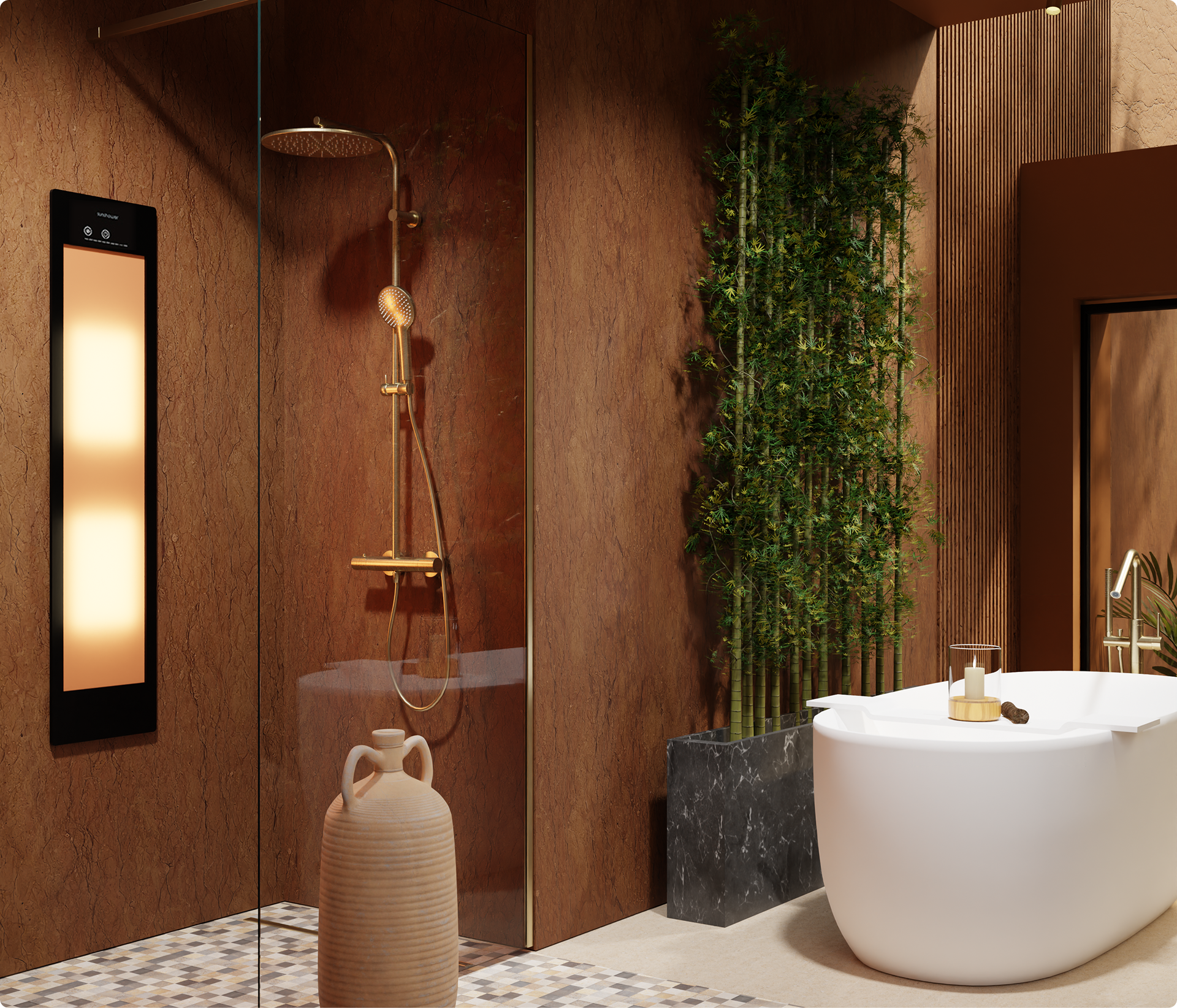 Vrijstaand wit bad in een warme Japandi badkamer met houten accenten, groene plantenwand en gouden kraan. Badkamertrends 2026.