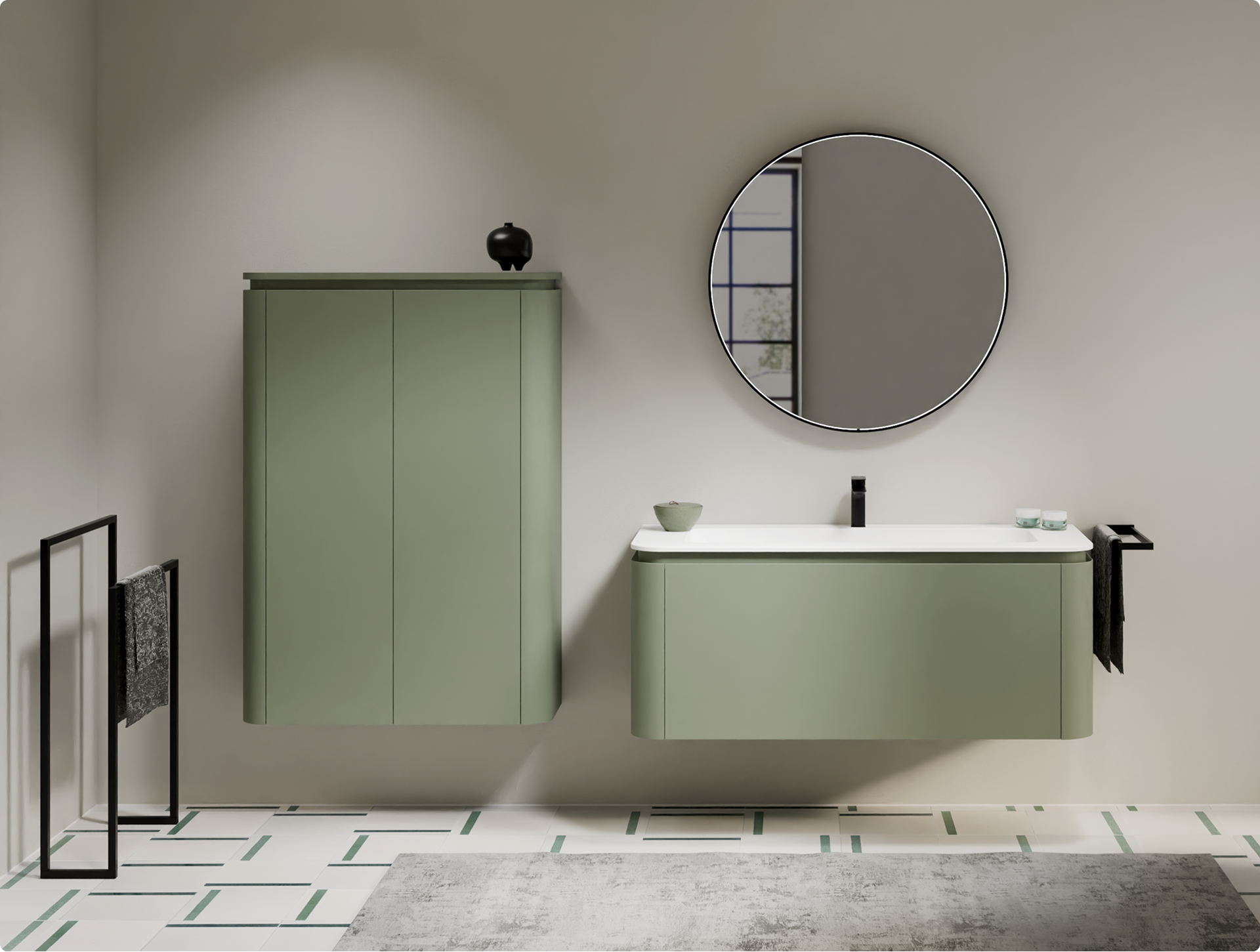 Badkamer met zachte, afgeronde vormen, beige tinten en inbouwdouche – natuurlijke elegantie. Badkamertrends 2026.