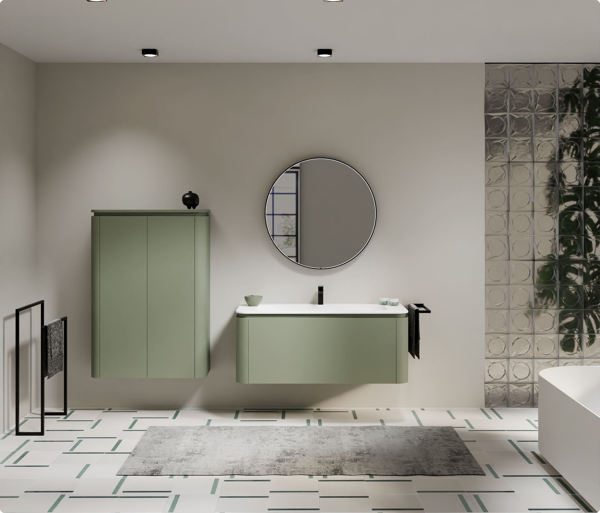 Badkamer met zachte, afgeronde vormen, beige tinten en inbouwdouche – natuurlijke elegantie. Badkamertrends 2026.