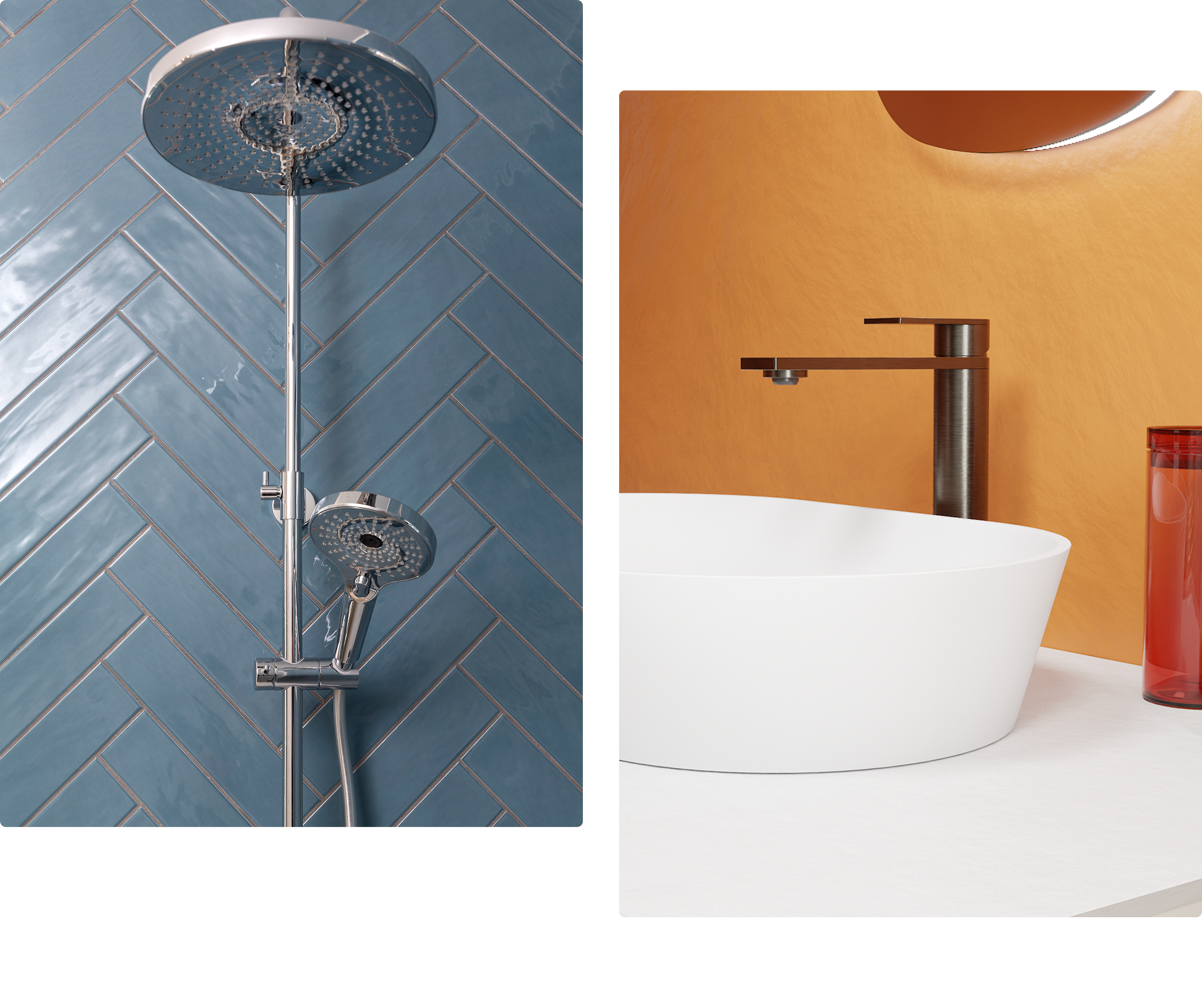 Gros plan sur des robinets noirs et cuivrés avec vasques blanches – métaux tendance qui se démarquent.