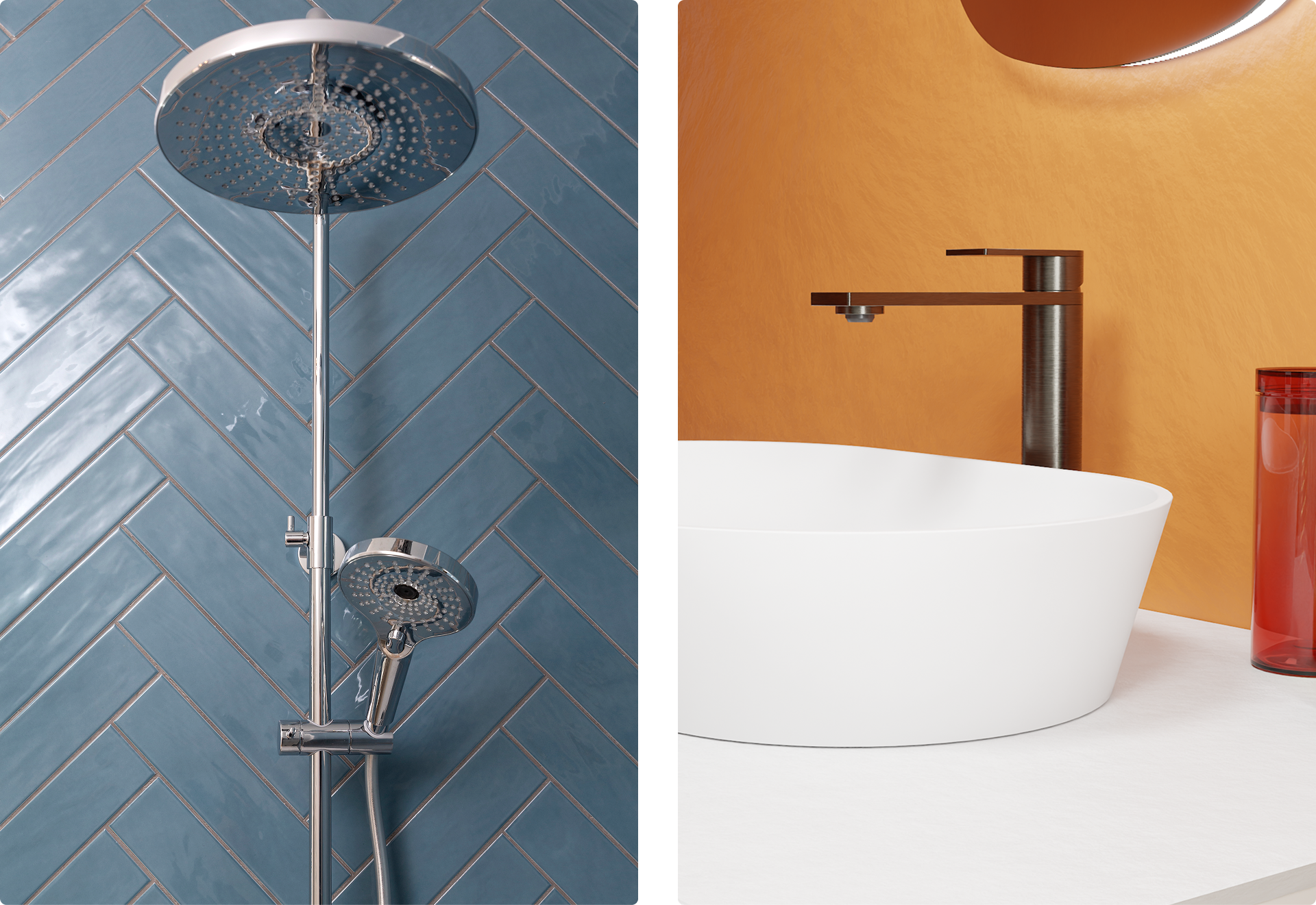 Close-up van zwarte en bronzen kranen met witte waskommen – opvallende metalen trends.