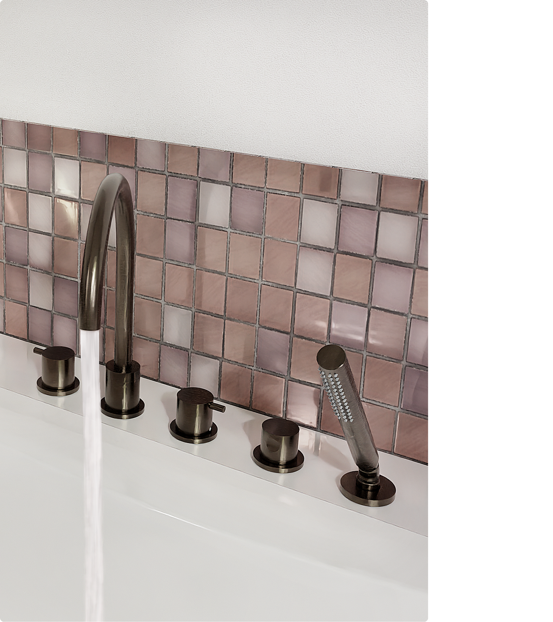 Op deze foto van x²o badkamers zie je een op de badrand gemonteerde badkraan in bronskleur, met een hoge gebogen uitloop waar water uit stroomt, vier ronde bedieningsknoppen op een rij en een cilindrische handdouche, alles geplaatst voor een wand met glanzende vierkante tegeltjes in roze en paarse tinten.