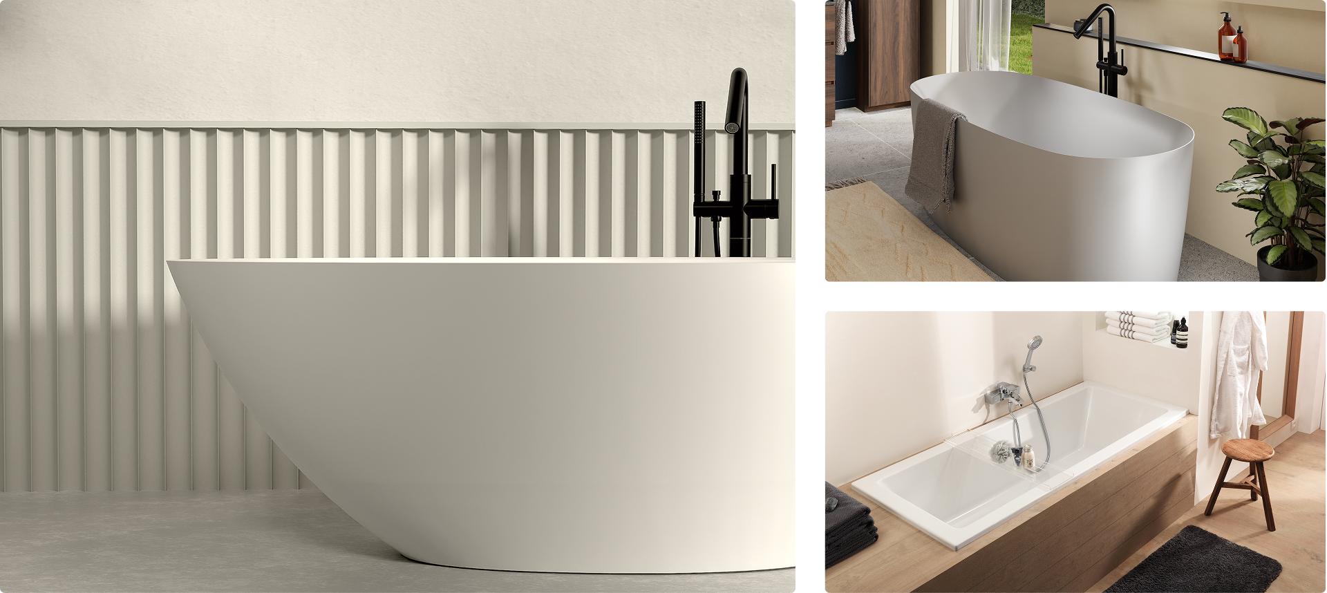 Op deze collage zie je drie verschillende baden in een moderne x²o badkamers sfeer. Links is een close-up van een vrijstaand wit bad met strakke lijnen tegen een wand met verticaal reliëf in een zachte zandkleur. Rechtsboven staat een ovaal vrijstaand bad in een open badkamer met een zwarte kraan, een beige vloerkleed, houten kastdeuren en een groene plant in een zwarte pot. Rechtsonder zie je een ingebouwd rechthoekig bad met een houten ombouw, een wandplank met opgerolde handdoeken en een houten krukje met een badjas ernaast op een lichte houten vloer.