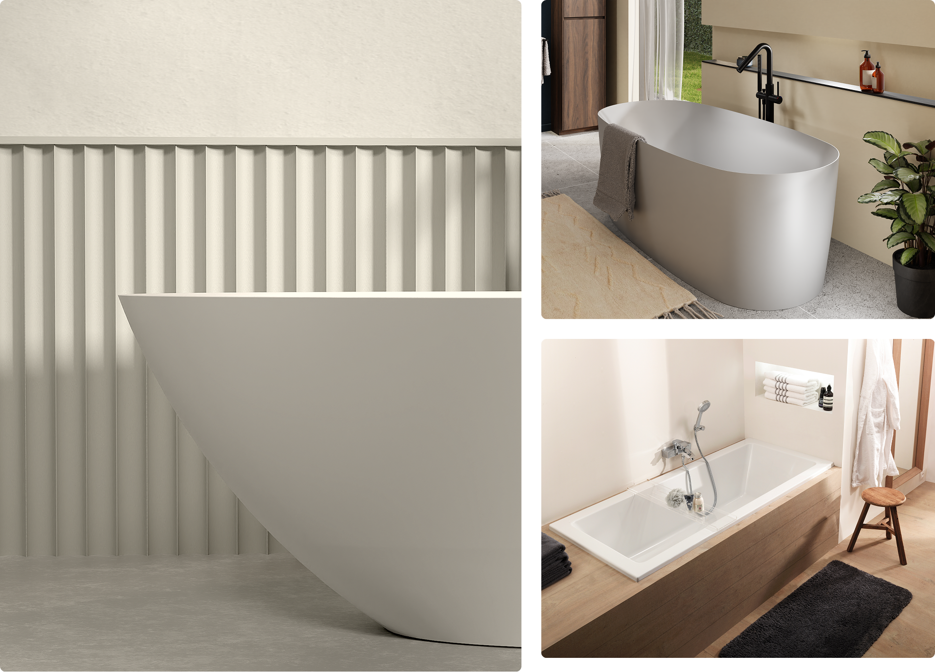 Op deze collage zie je drie verschillende baden in een moderne x²o badkamers sfeer. Links is een close-up van een vrijstaand wit bad met strakke lijnen tegen een wand met verticaal reliëf in een zachte zandkleur. Rechtsboven staat een ovaal vrijstaand bad in een open badkamer met een zwarte kraan, een beige vloerkleed, houten kastdeuren en een groene plant in een zwarte pot. Rechtsonder zie je een ingebouwd rechthoekig bad met een houten ombouw, een wandplank met opgerolde handdoeken en een houten krukje met een badjas ernaast op een lichte houten vloer.