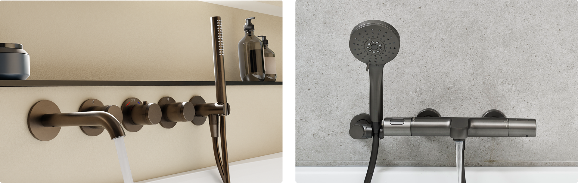 Op deze foto van x²o badkamers zie je twee stijlen moderne badkranen: links een bronzen wandkraan met vier ronde knoppen, een gebogen uitloop waar het water uit stroomt en een staande handdouche; rechts een gunmetal wandmengkraan met een ronde douchekop en een rechte uitloop, gemonteerd tegen een lichtgrijze betonnen muur.