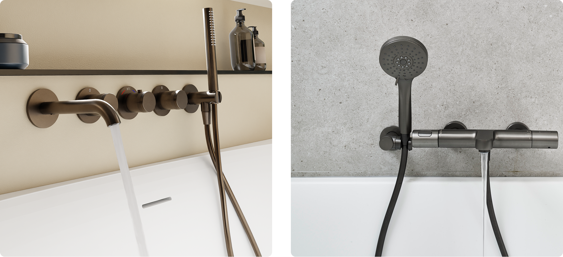 Op deze foto van x²o badkamers zie je twee stijlen moderne badkranen: links een bronzen wandkraan met vier ronde knoppen, een gebogen uitloop waar het water uit stroomt en een staande handdouche; rechts een gunmetal wandmengkraan met een ronde douchekop en een rechte uitloop, gemonteerd tegen een lichtgrijze betonnen muur.