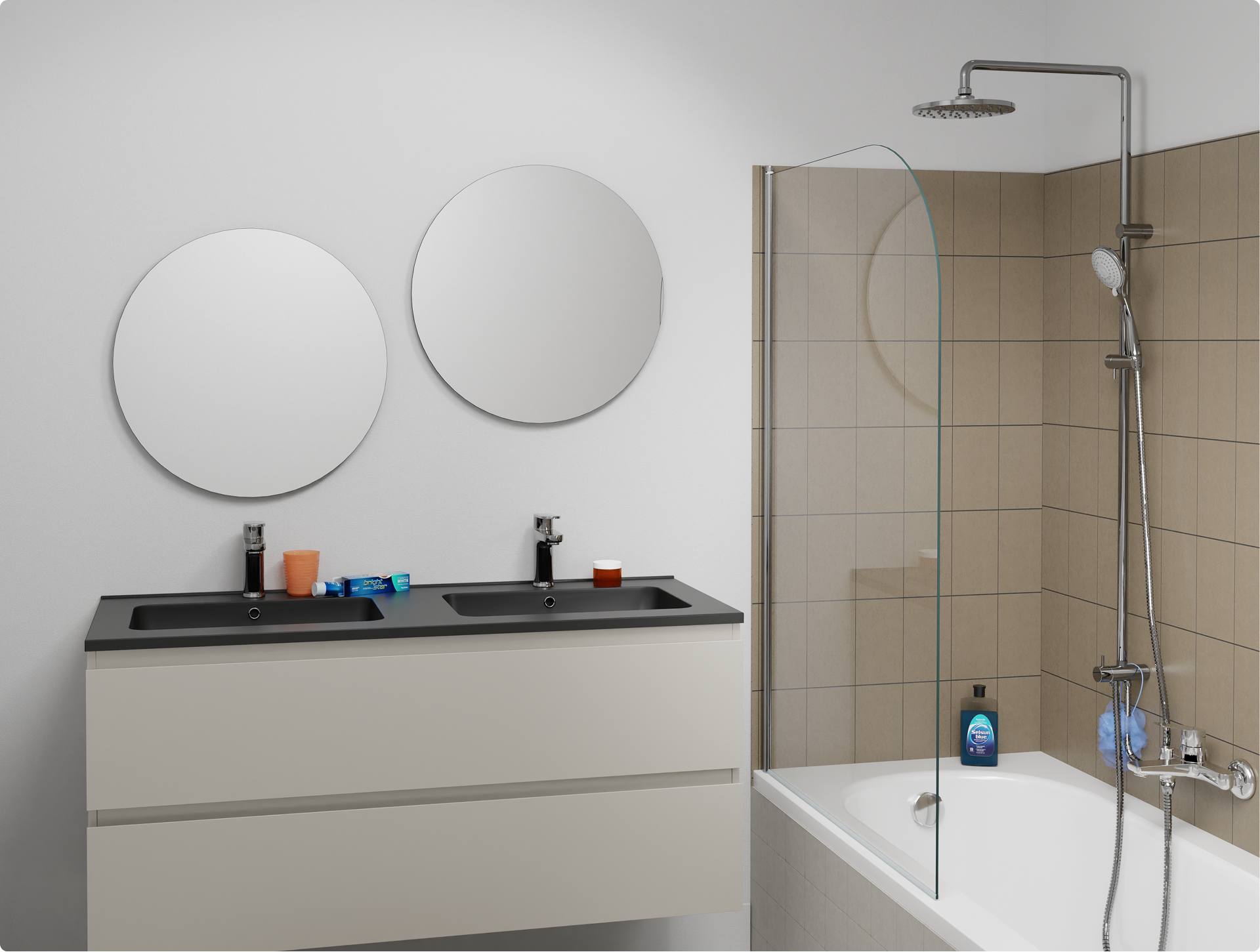 Bad douche combinatie met wit ligbad, glazen badwand en chromen regendoucheset tegen beige wandtegels, gecombineerd met een zwevend greige badkamermeubel met dubbele wastafel en twee ronde spiegels, in een badkamer van x²o badkamers.