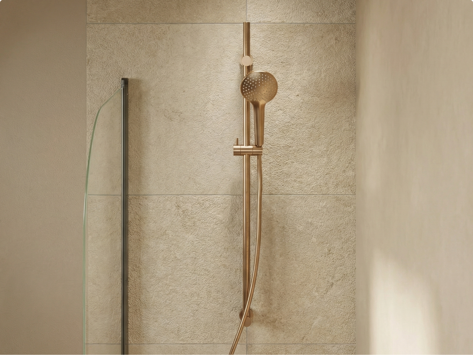 Douchette dorée avec pomme ronde montée sur une barre coulissante verticale contre un mur à texture claire, dans une salle de bains de x²o salles de bains.