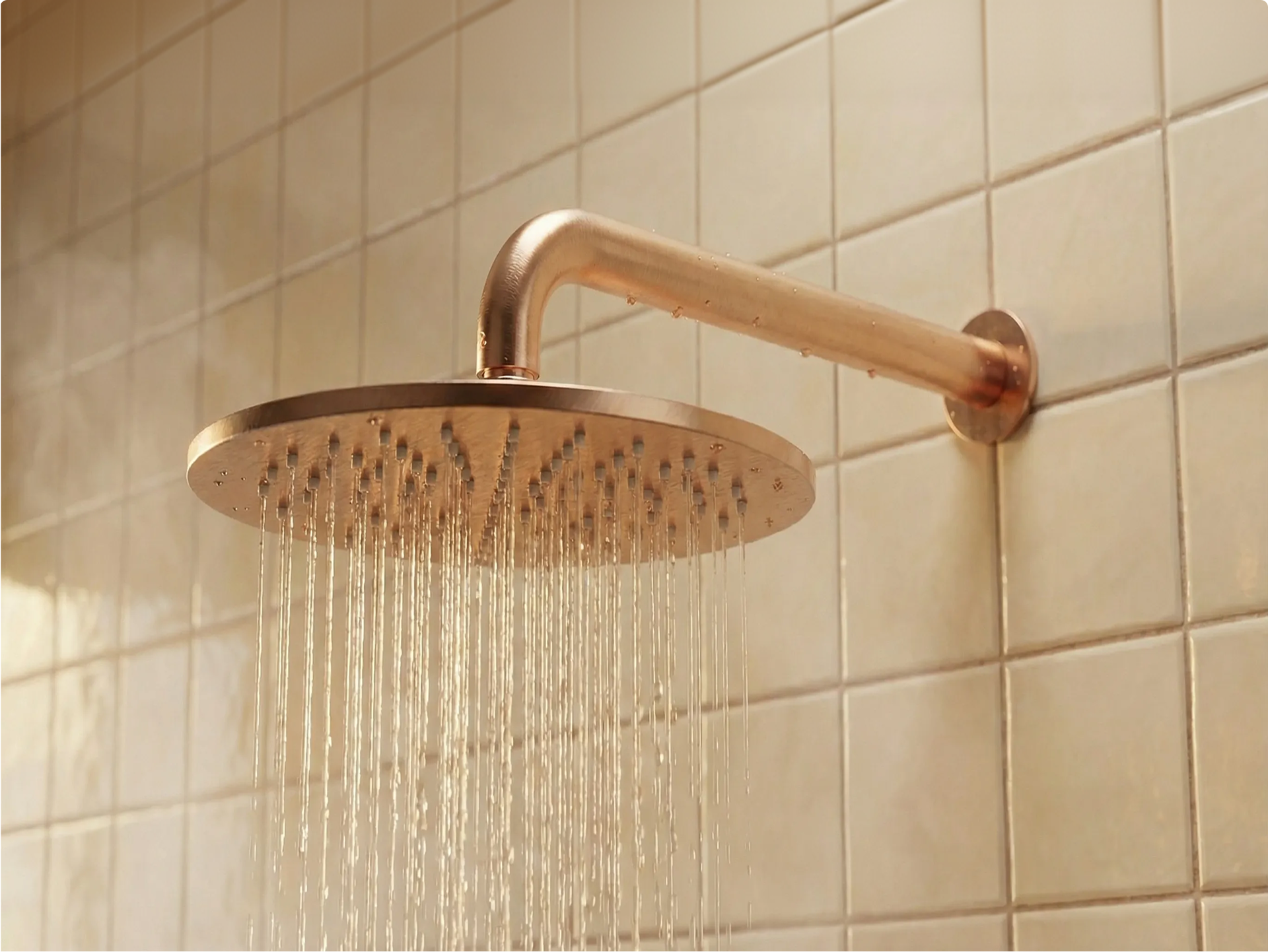 Douche pluie ronde finition or rosé avec bras mural horizontal laissant couler l’eau, installée sur des carreaux muraux blancs carrés, dans une salle de bains de x²o salles de bains.