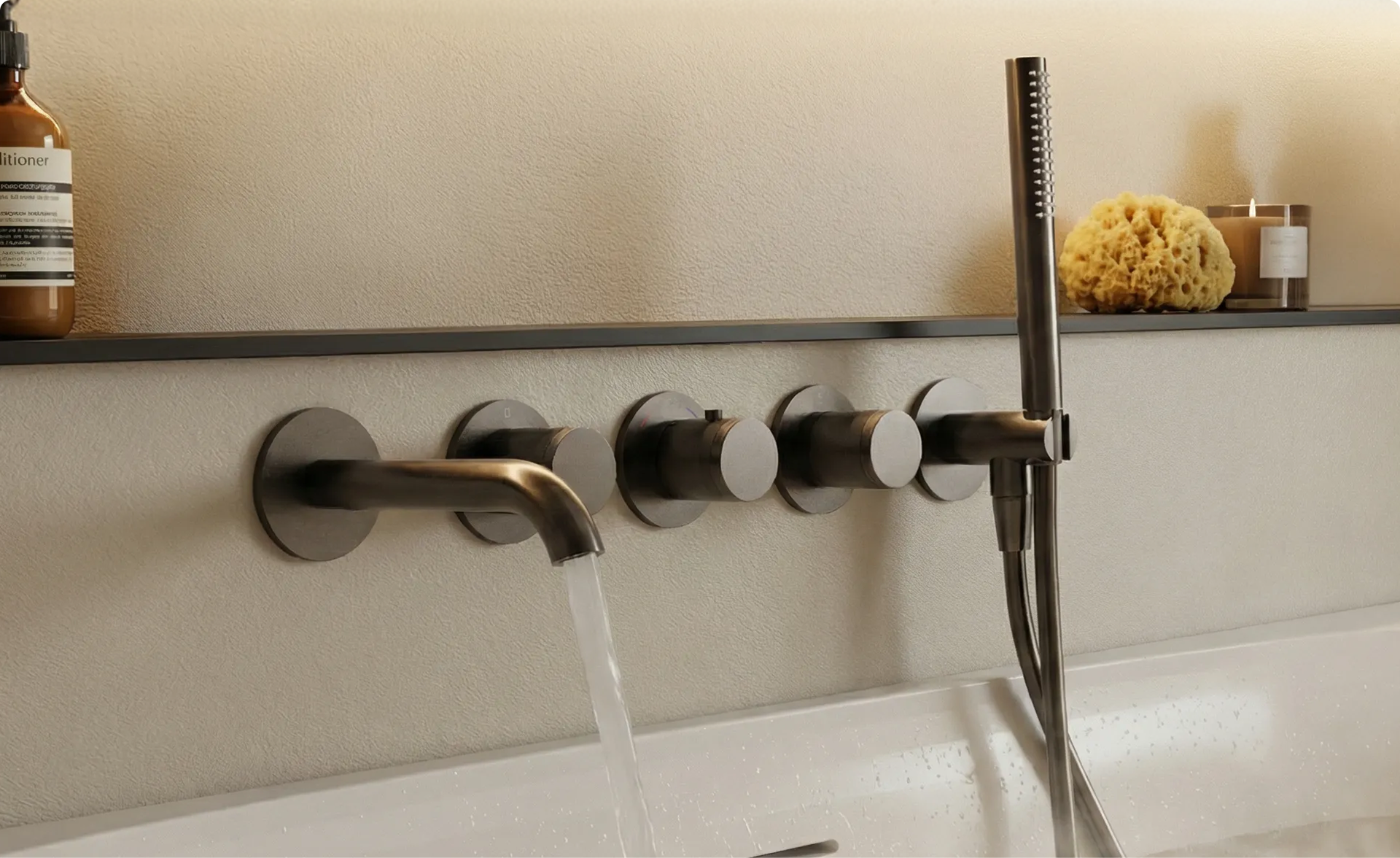 Zwarte wandgemonteerde badkraan met gebogen uitloop waar water uitstroomt, vier ronde bedieningsknoppen en een zwarte handdouche naast het bad, in een badkamer van x²o badkamers.