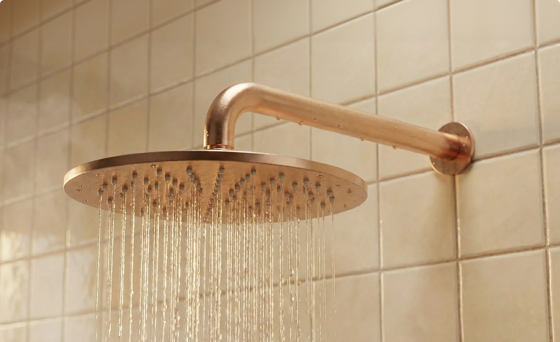 Roségouden ronde regendouche met horizontale wandarm waar water uit stroomt, gemonteerd tegen witte vierkante wandtegels, in een badkamer van x²o badkamers.