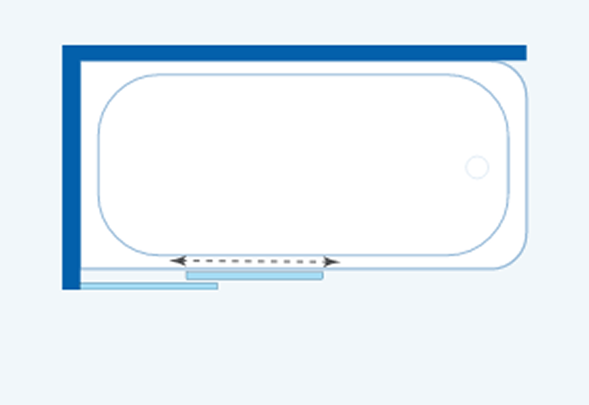 Technische schematische tekening van een uitschuifbare badwand die horizontaal over de badrand kan schuiven, met pijlen die de bewegingsrichting tonen, van x²o badkamers.